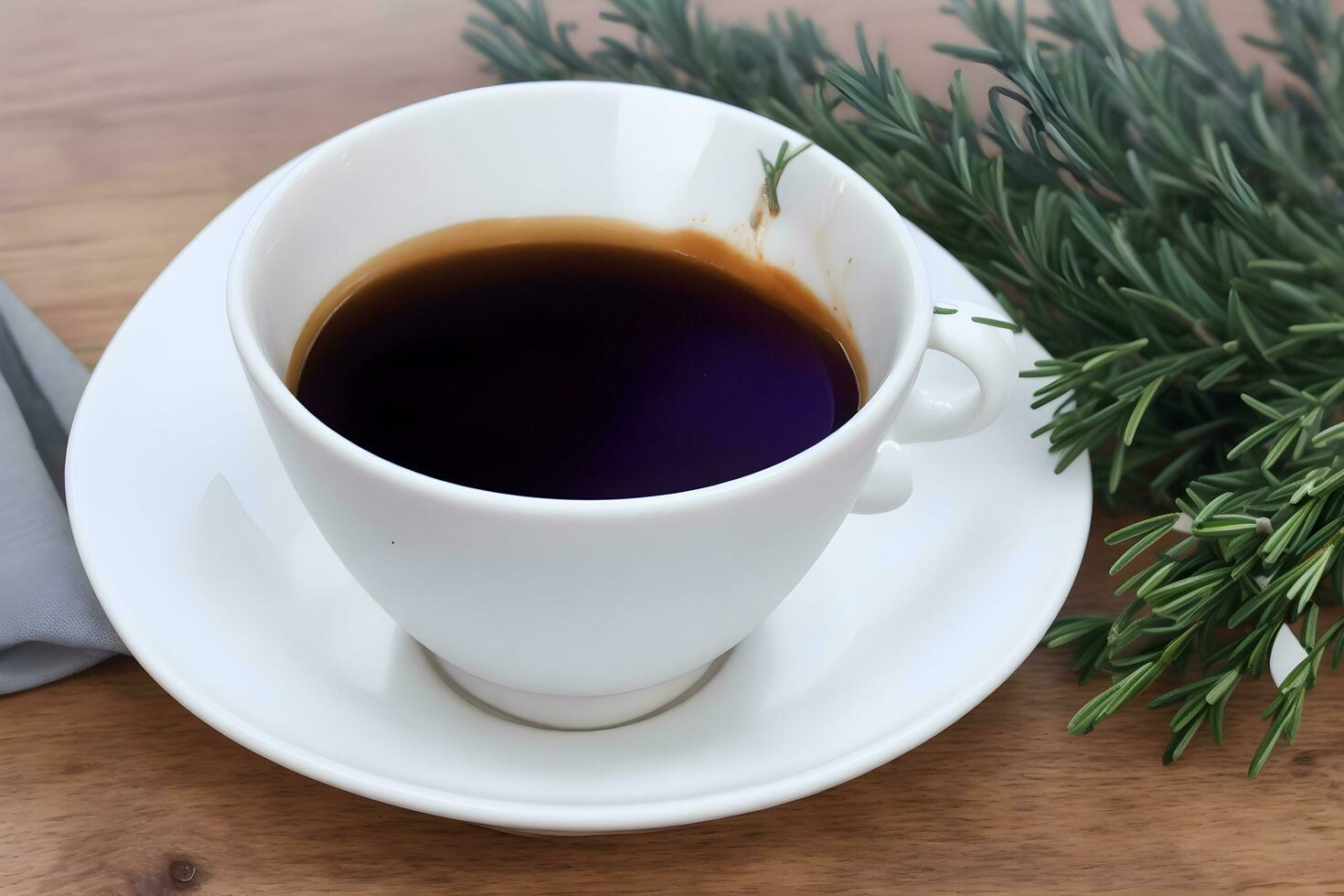A cup of dark coffee with a single leaf of basi generated by Ai photo