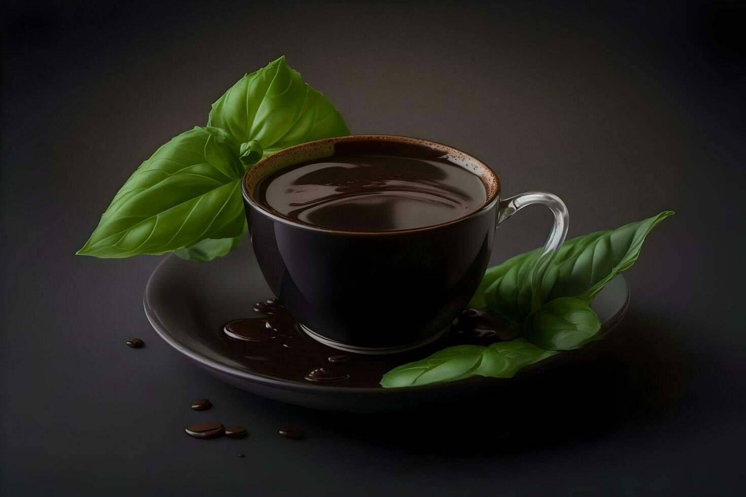 A cup of dark coffee with a single leaf of basi generated by Ai photo