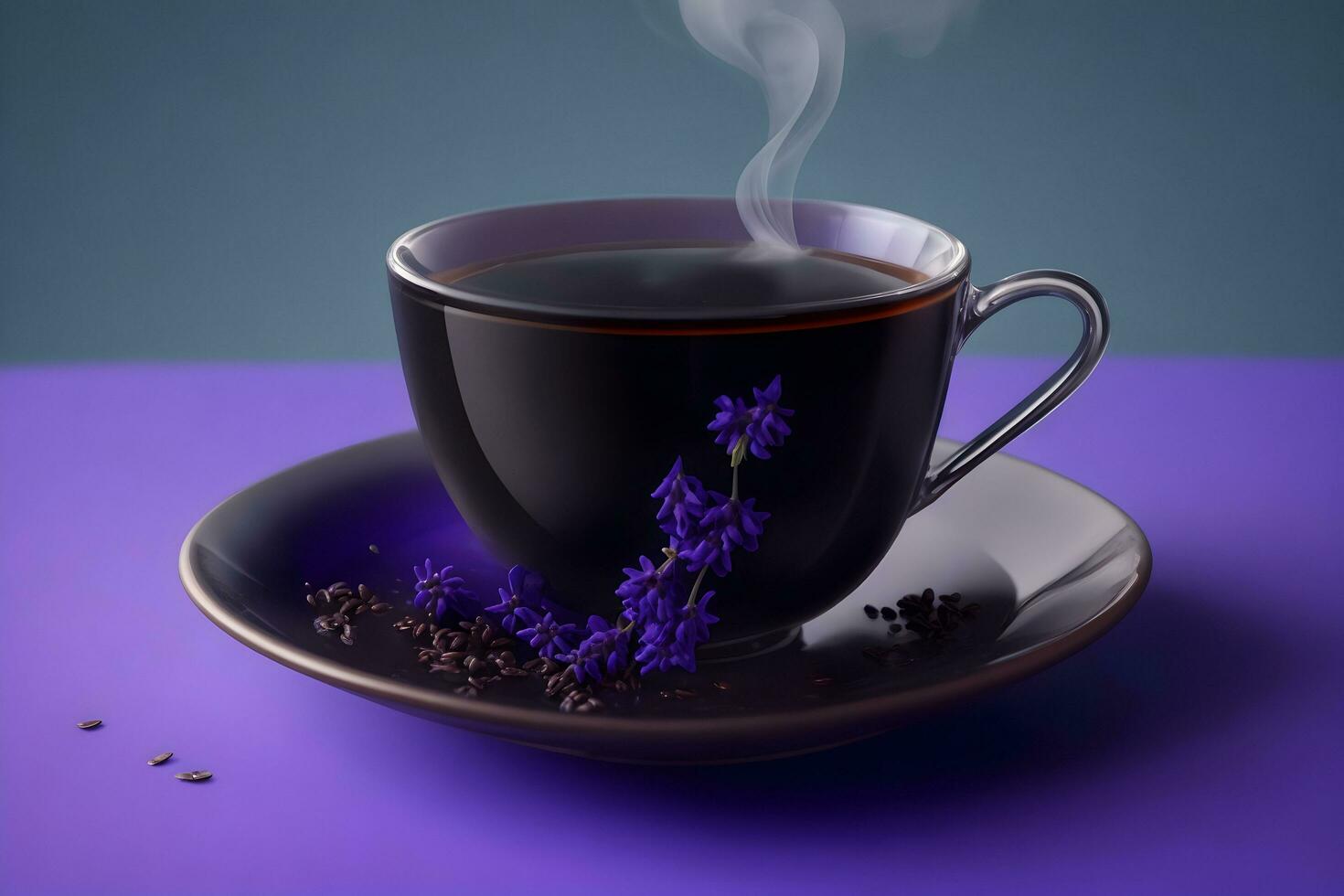 A cup of dark coffee with a single leaf of basi generated by Ai photo