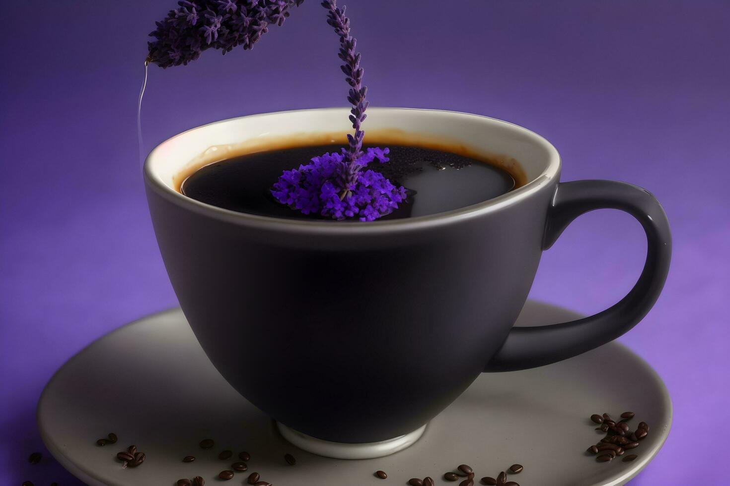 A cup of dark coffee with a single leaf of basi generated by Ai photo