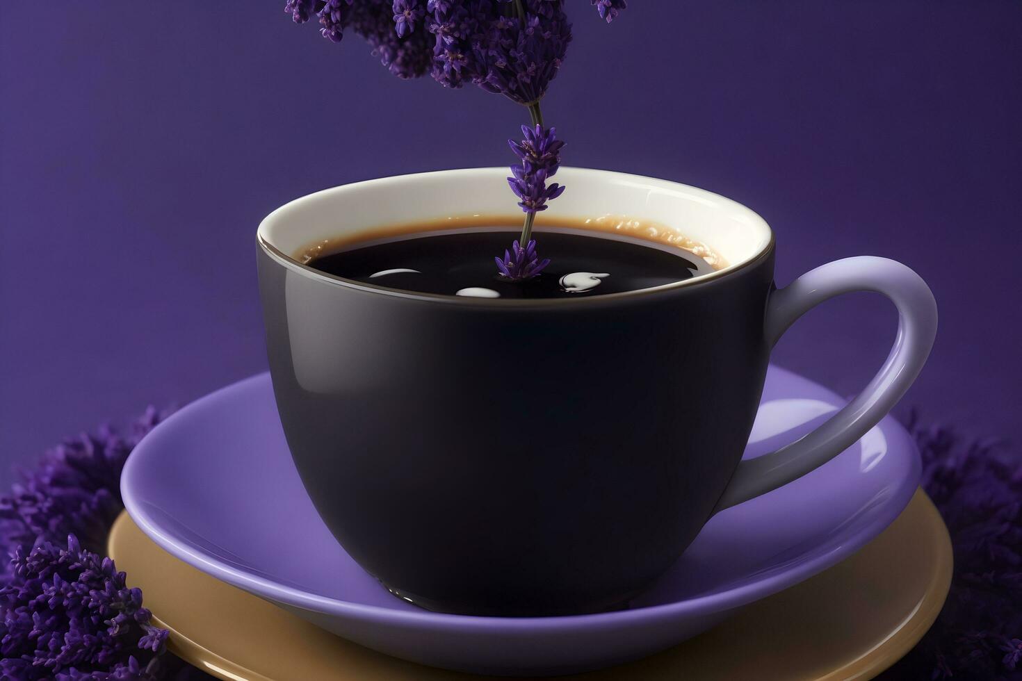 A cup of dark coffee with a single leaf of basi generated by Ai photo