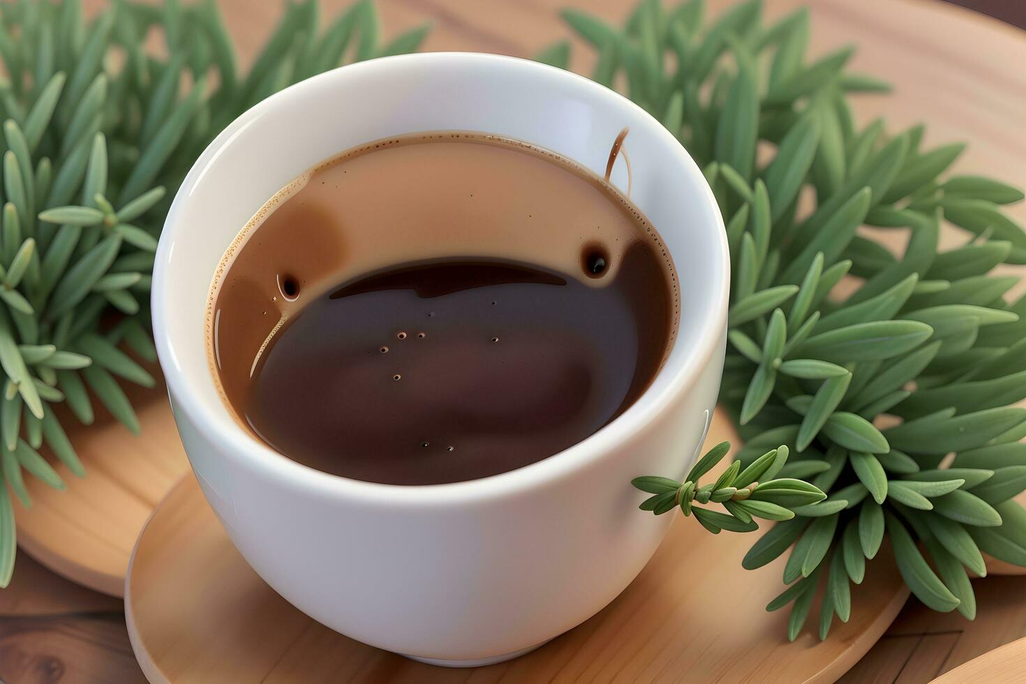 A cup of dark coffee with a single leaf of basi generated by Ai photo