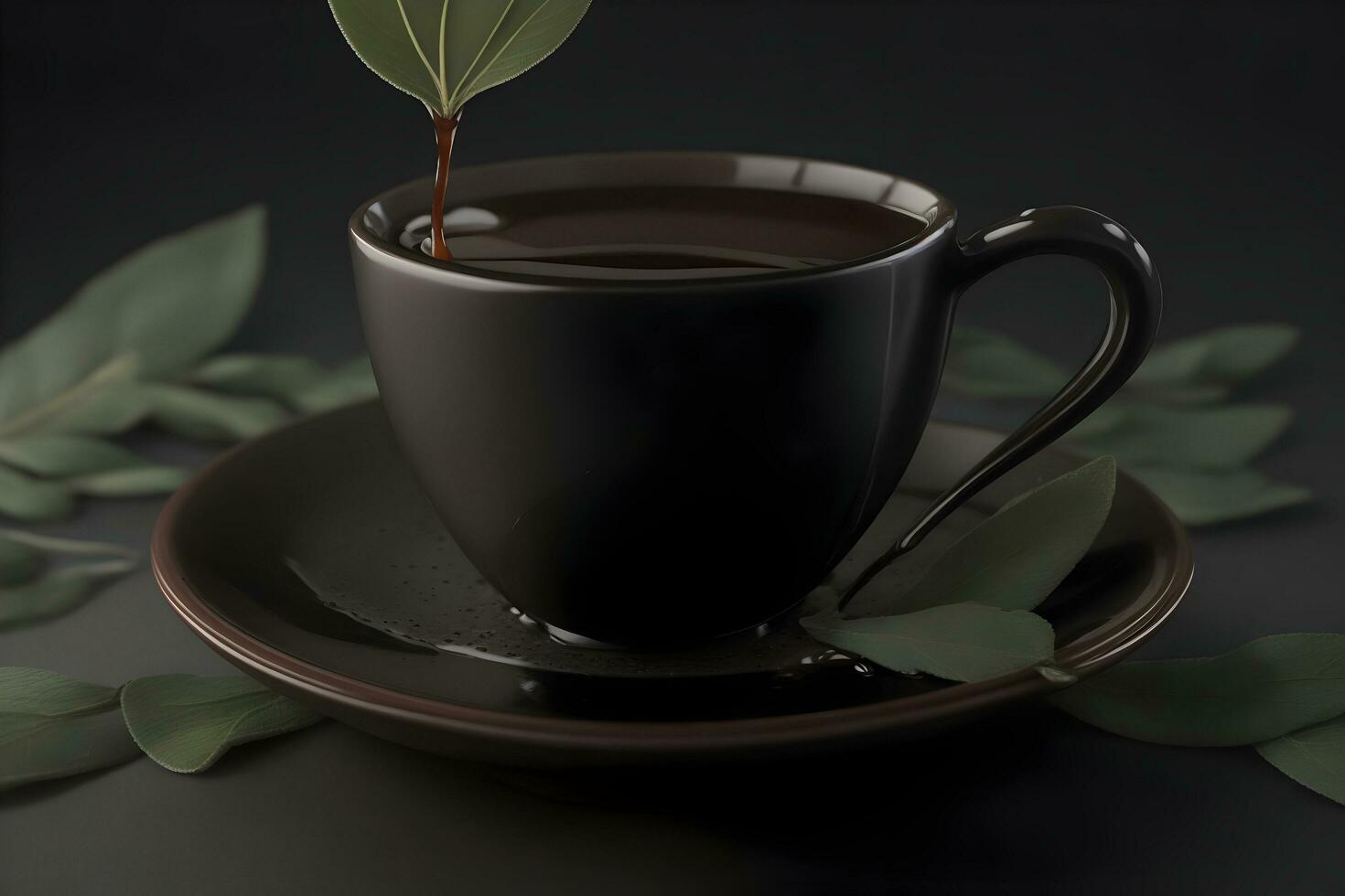 A cup of dark coffee with a single leaf of basi generated by Ai photo