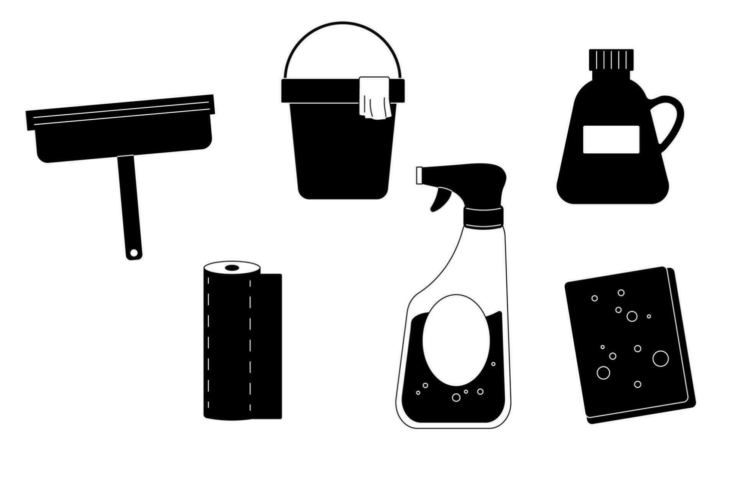 detergent, spray, window squeegee, bucket silhouettes of cleaning vector