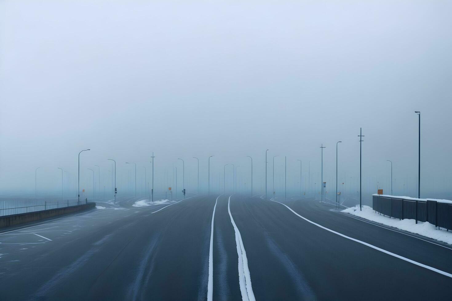 Empty city road covered in fog, misty asphalt road on a winter morning generated by Ai photo
