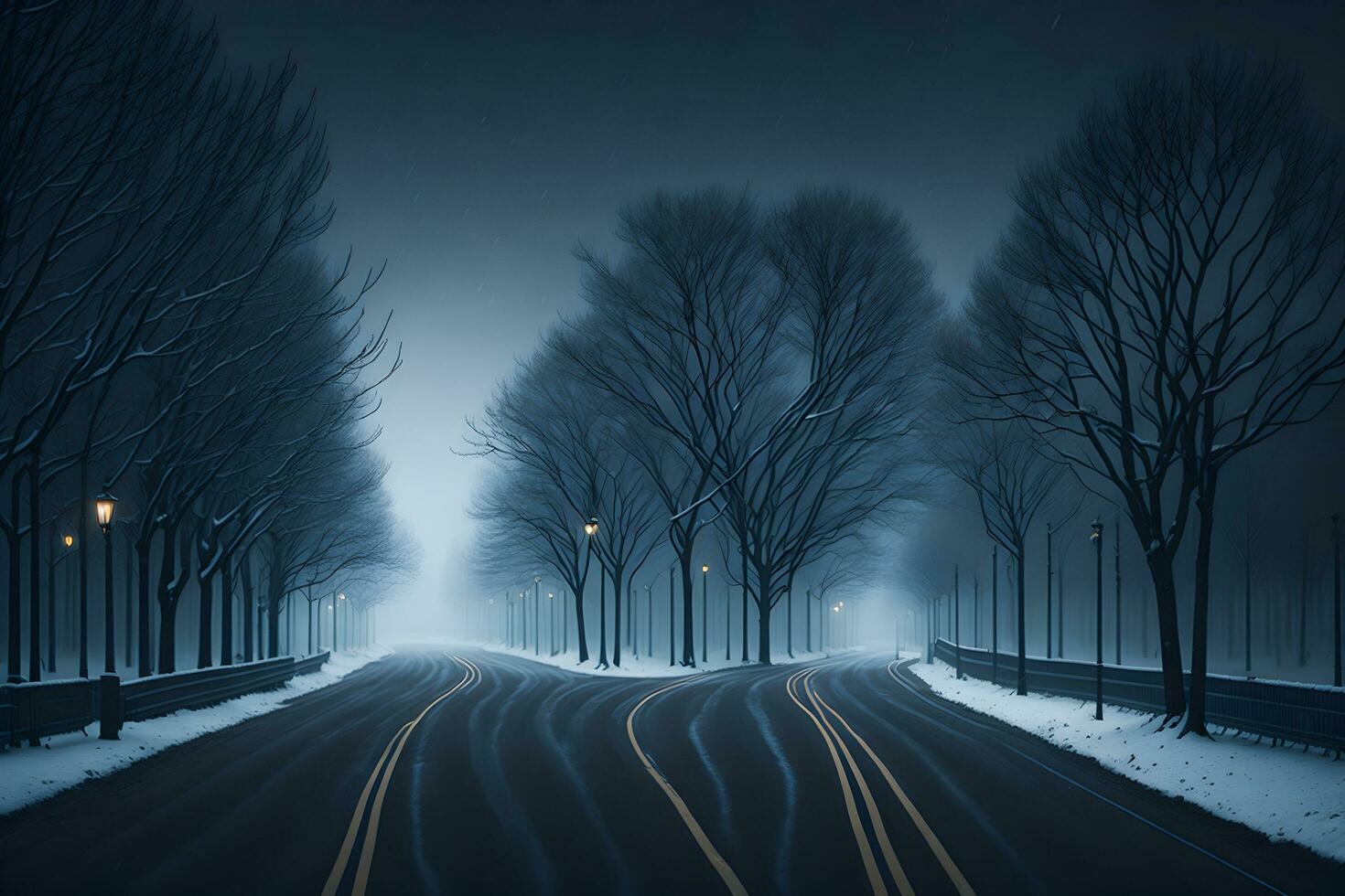 Empty city road covered in fog, misty asphalt road on a winter morning generated by Ai photo