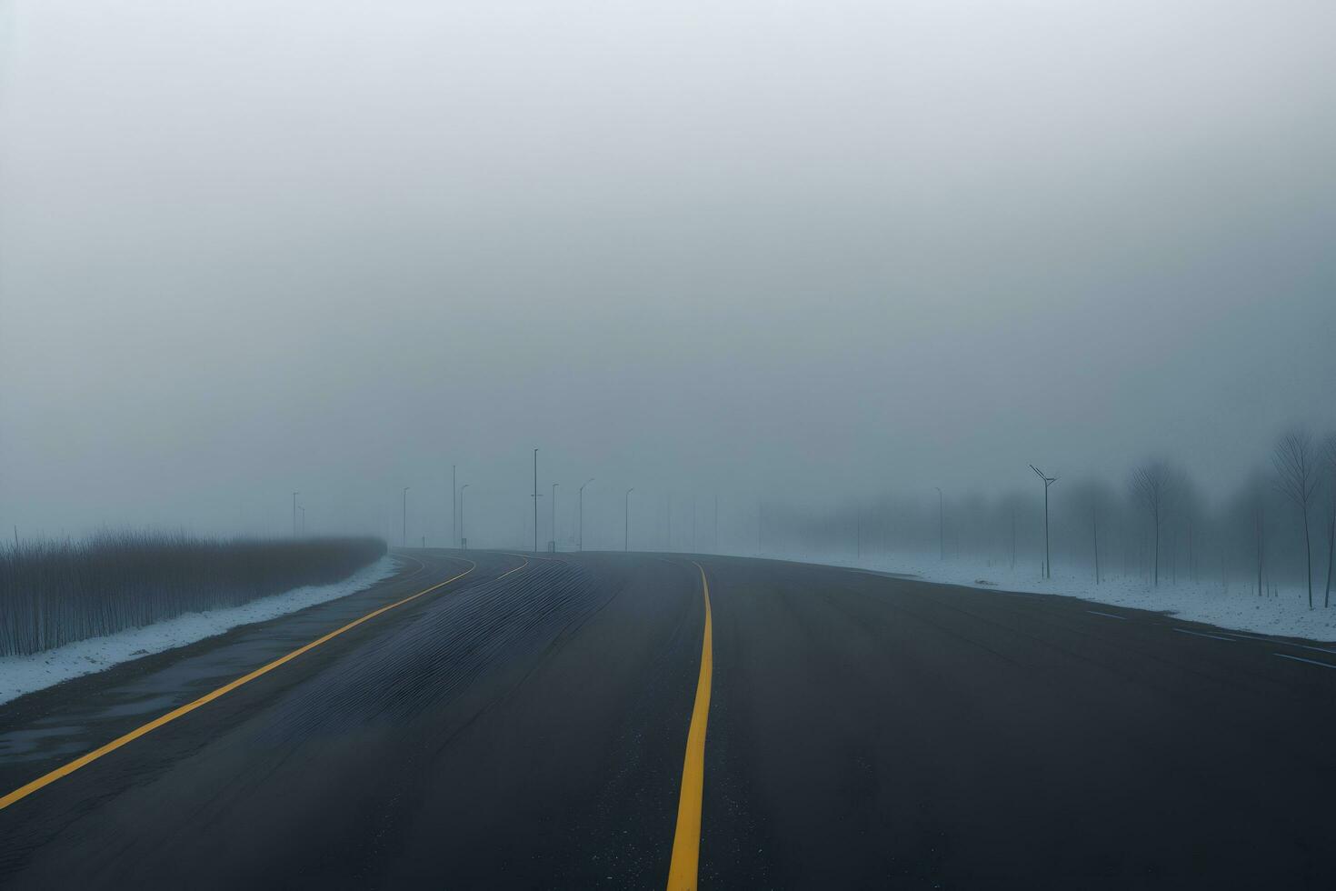 Empty city road covered in fog, misty asphalt road on a winter morning generated by Ai photo