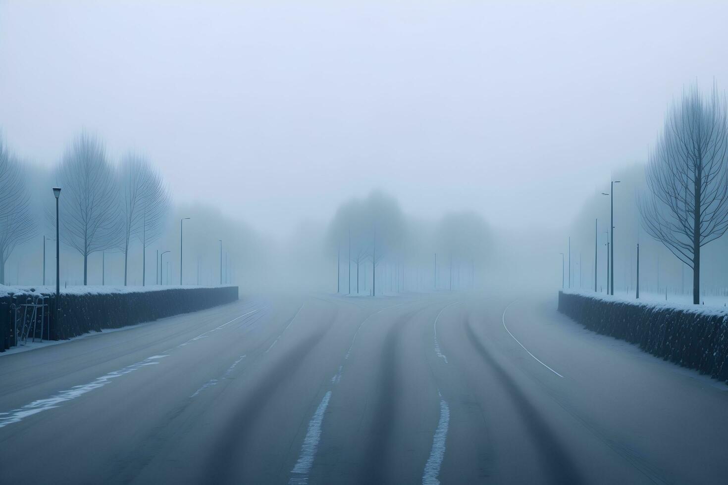 Empty city road covered in fog, misty asphalt road on a winter morning generated by Ai photo