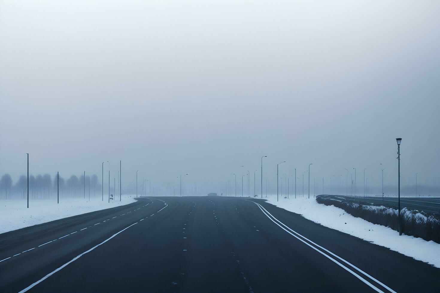 Empty city road covered in fog, misty asphalt road on a winter morning generated by Ai photo