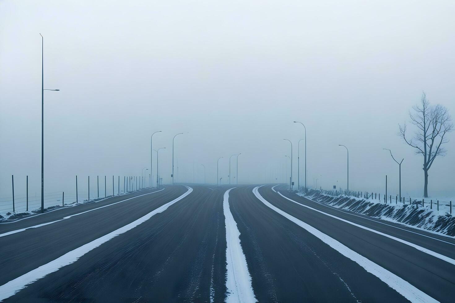 Empty city road covered in fog, misty asphalt road on a winter morning generated by Ai photo