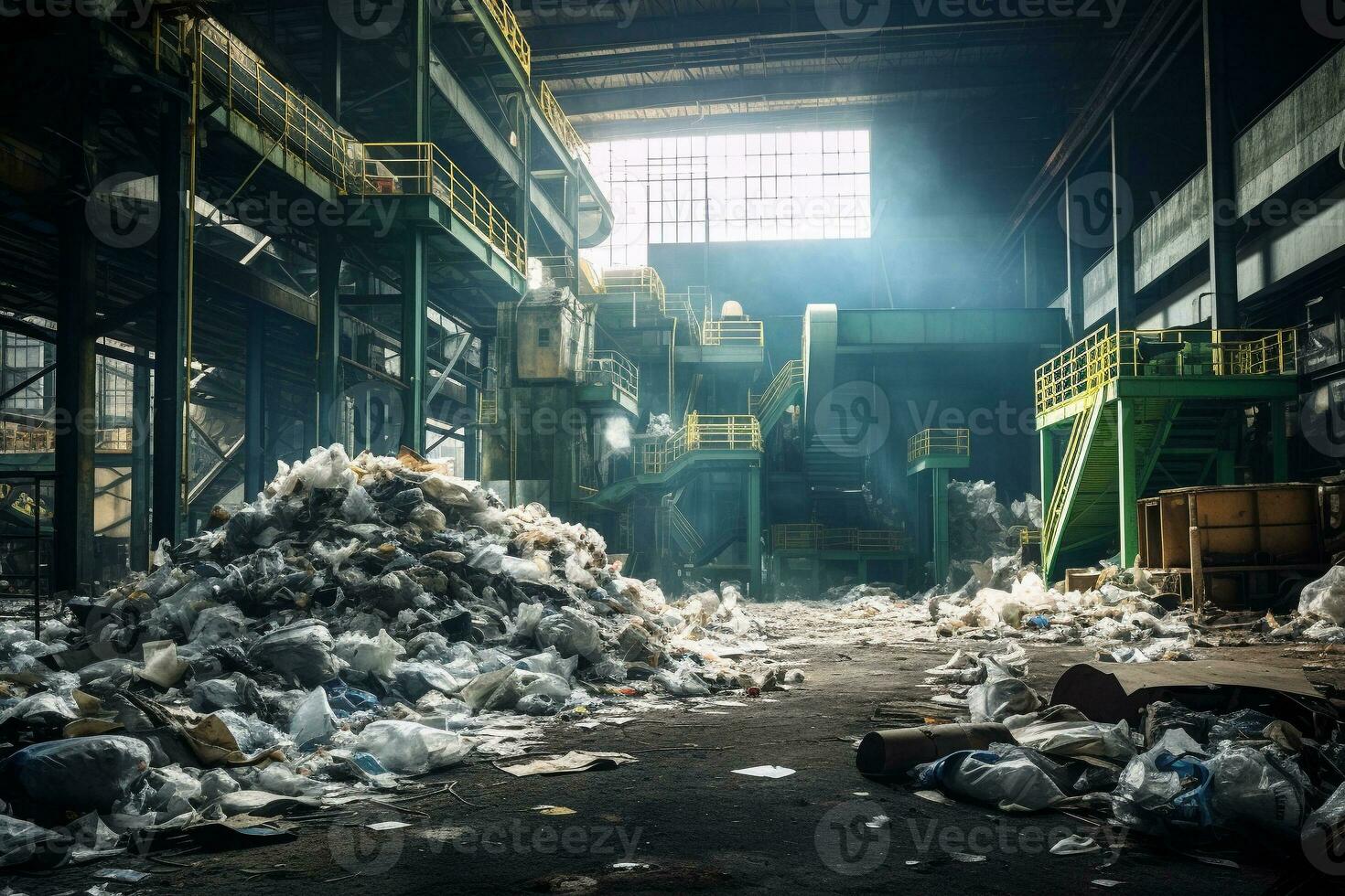 Waste sorting plant. Recycling and storage of waste for further disposal. An industrial plant recycling and reusing materials efficiently. Ai generative photo