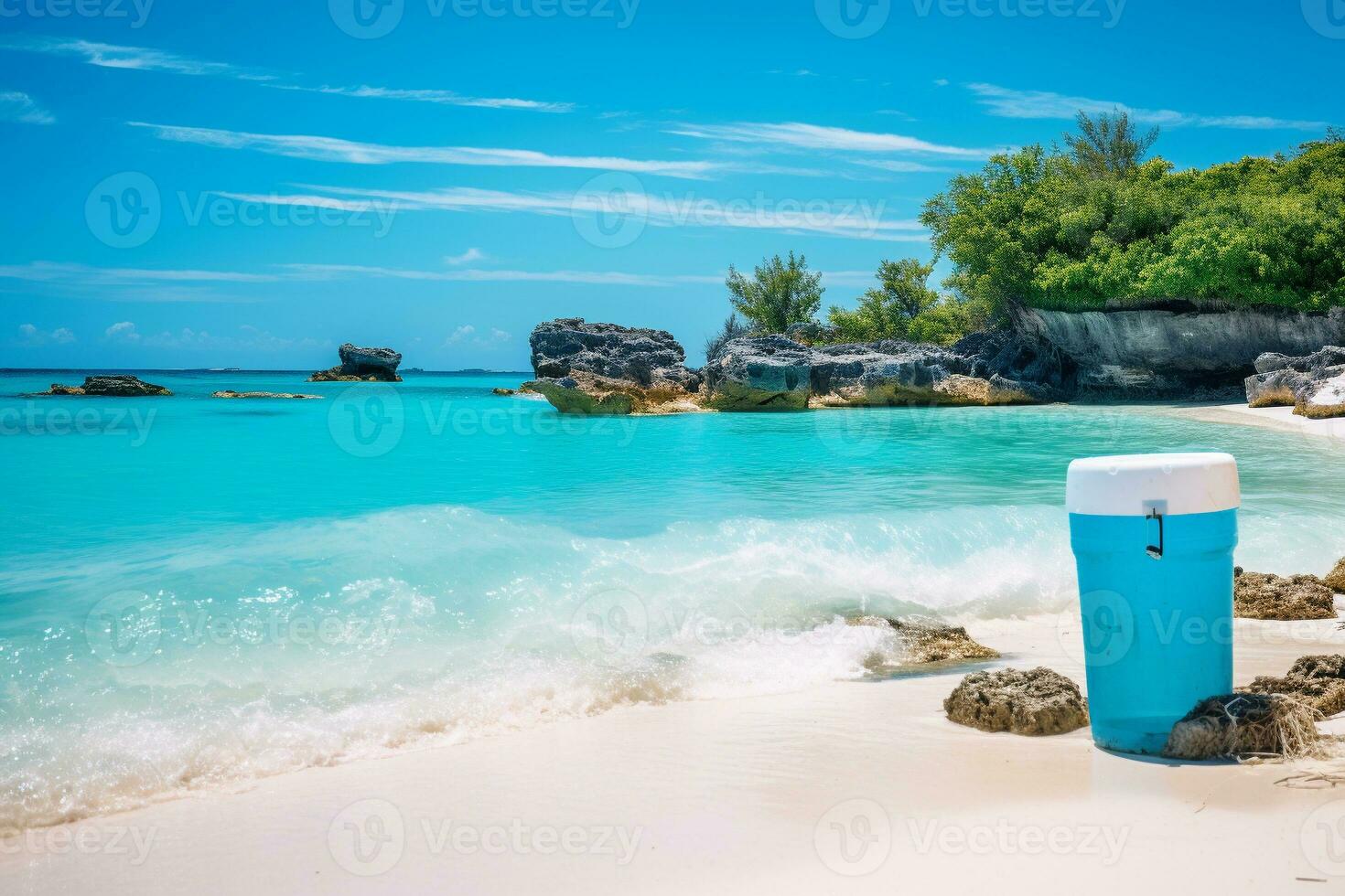 A pristine beach with crystal-clear waters and a recycling station. Ai generative photo