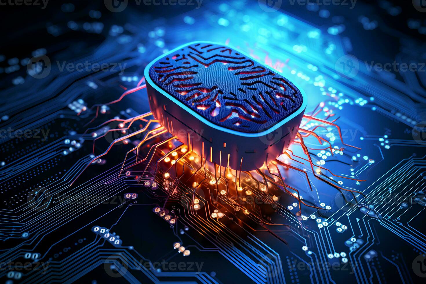 AI Chipset Melds with Human Brain on Computer Circuit Board for Futuristic AI and Deep Learning Tech Background. Ai CPU concept. AI Generative photo