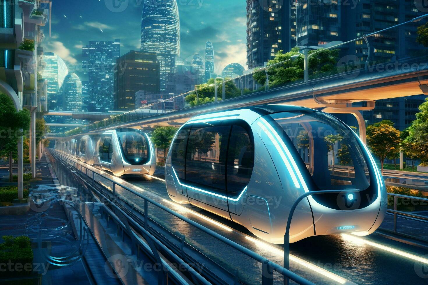 Modern unmanned subway car on the street of a future green city. A futuristic city with electric public transportation systems. Ai generative photo