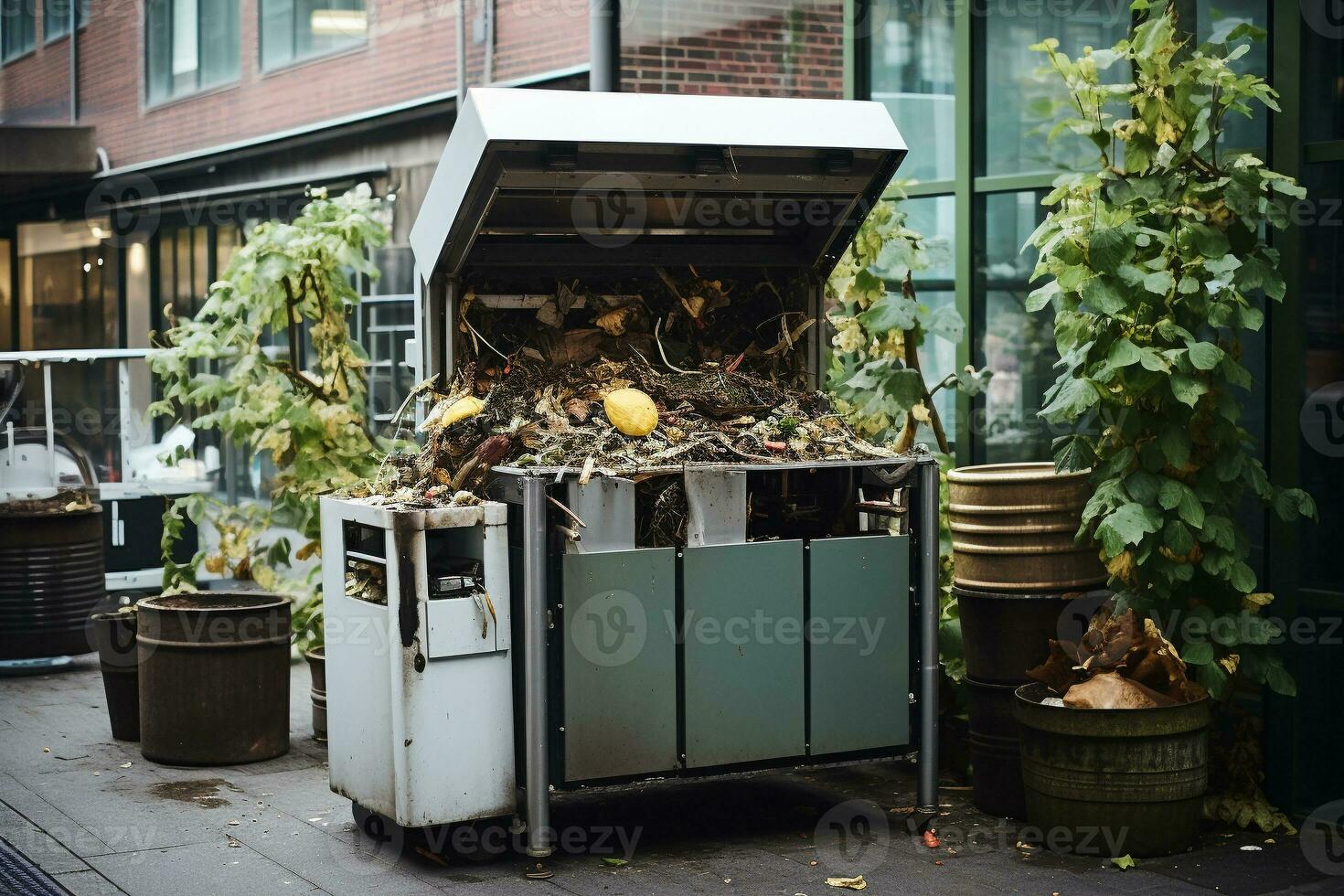 un urbano compostaje estación reduciendo comida residuos en el ciudad. limpieza arriba el ambiente. ai generativo foto