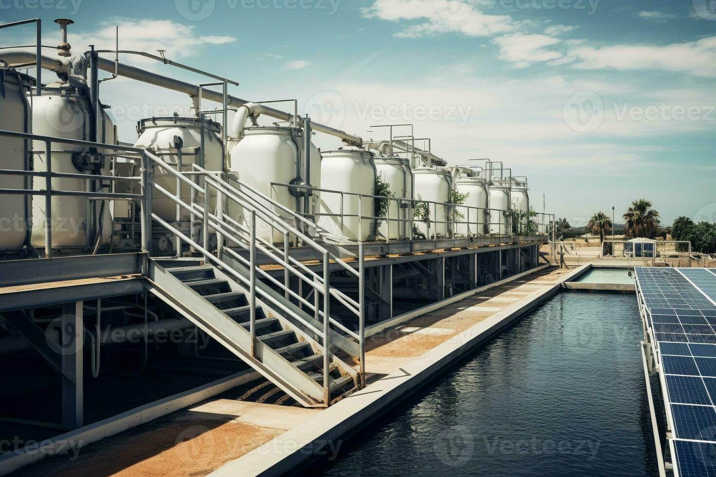 A solar-powered water desalination plant providing clean water. Ai generative photo