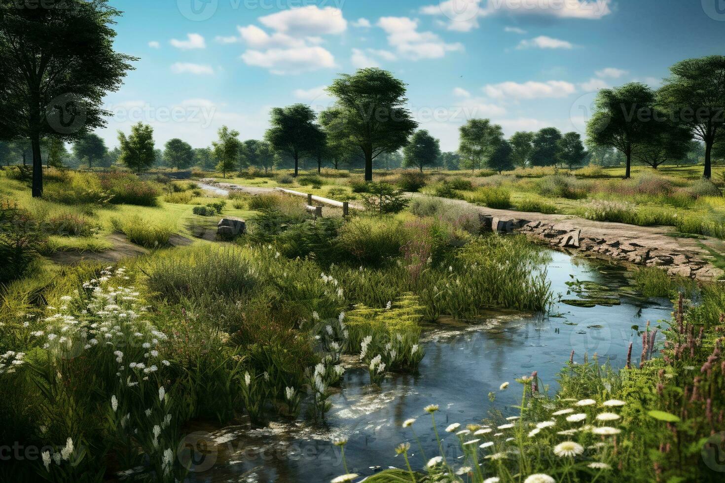A small river flows in the park along a walking path. Flowers along the banks. A riverbank restoration project with native plants and wildlife returning. Ai generative photo