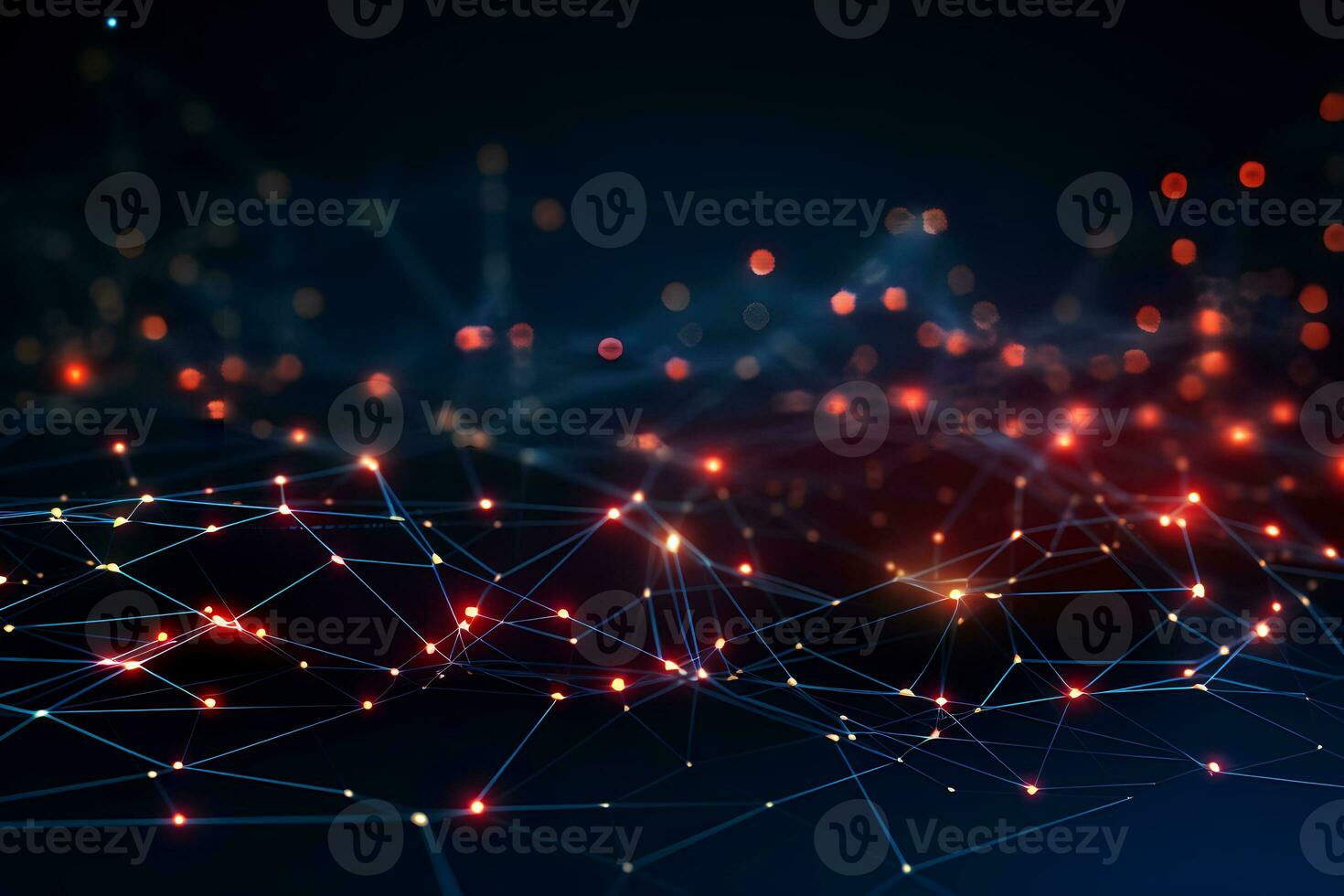 Technology abstract network with a cyber network grid and connected particles. Big data visualization. Digital dots and lines. AI Generative photo