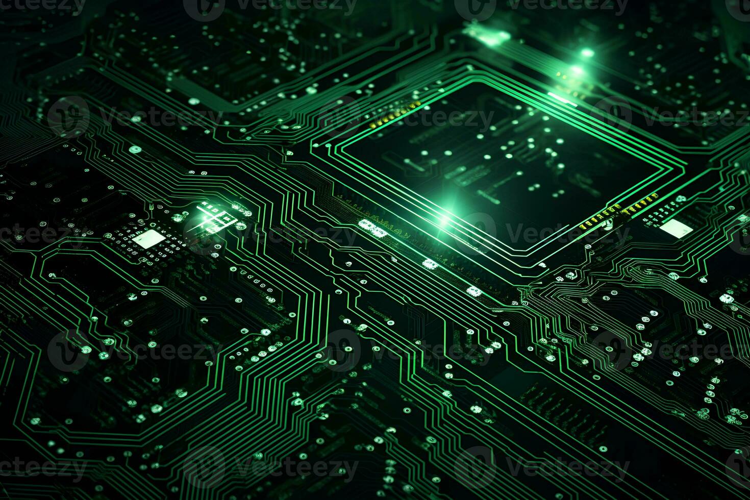 Detailed view of a contemporary circuit board with CPU, microchip, and components, perfect for tech presentations and illustrations. AI Generative photo