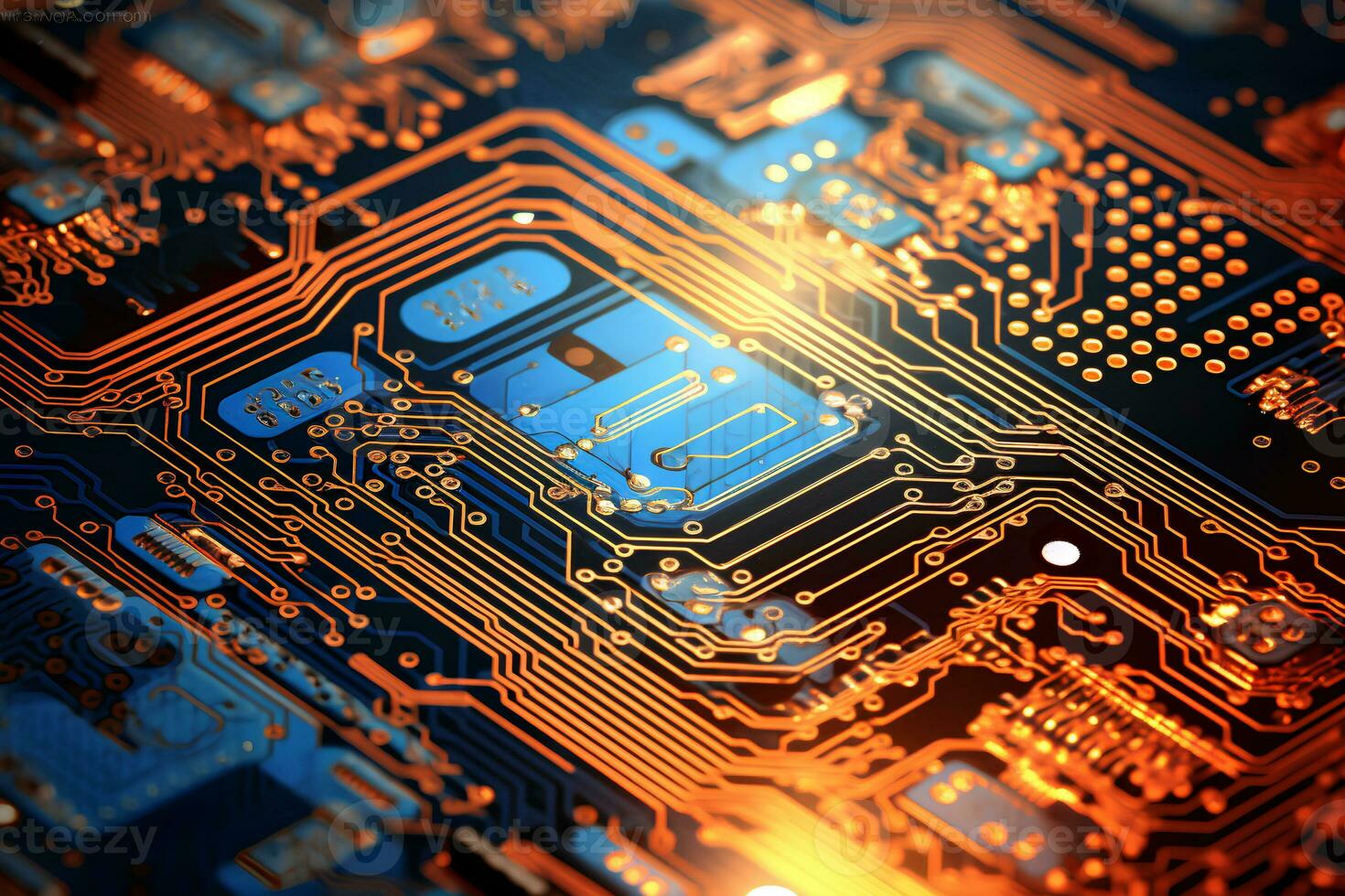 Detailed view of a contemporary circuit board with CPU, microchip, and components, perfect for tech presentations and illustrations. AI Generative photo