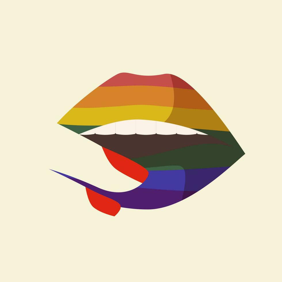 arco iris orgullo día boca, lgbt labio para impresión. sensual mordiendo labios con arco iris lápiz labial. vector