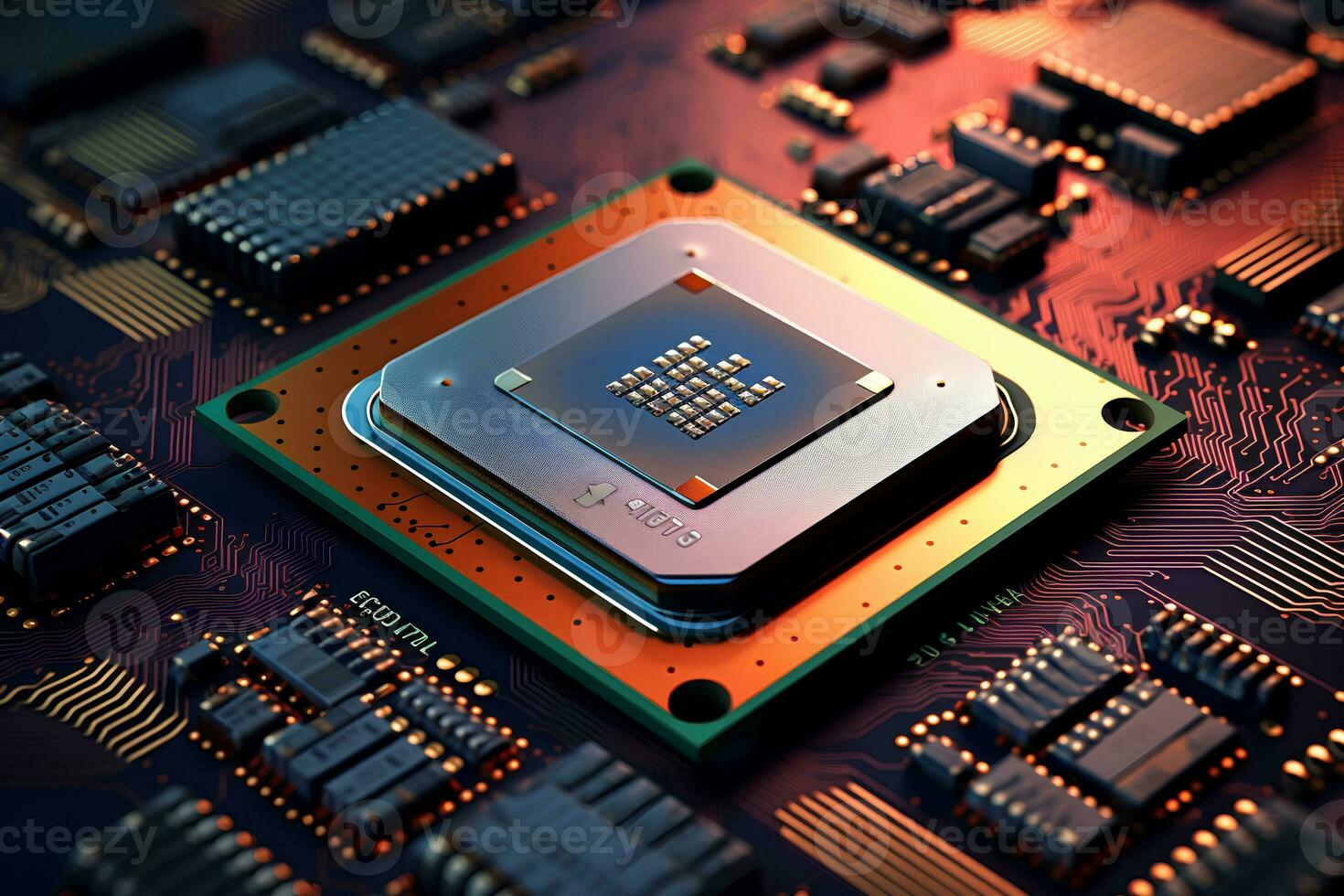 Detailed view of a contemporary circuit board with CPU, microchip, and components, perfect for tech presentations and illustrations. AI Generative photo