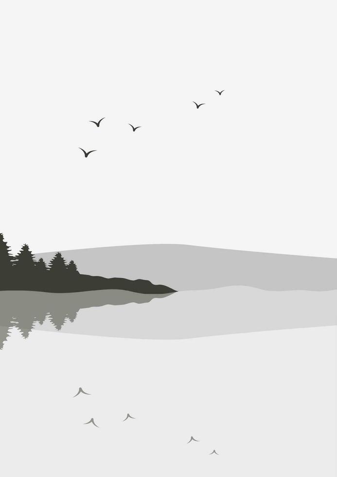 Nordic landscape with hills and water illustration poster. Aesthetic minimalist fog mountains with flying birds. vector