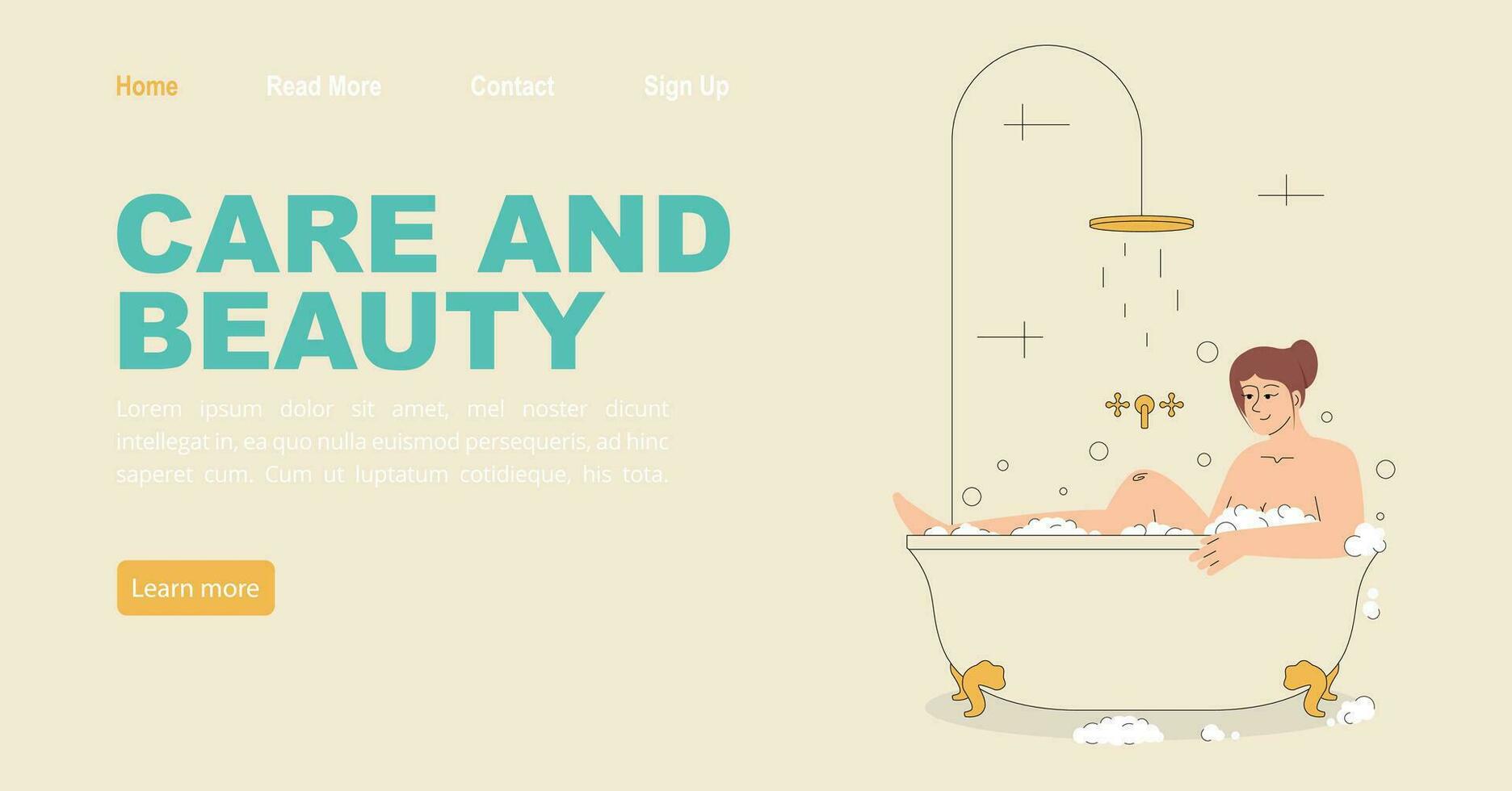 Bath time concept of landing page with girl in foam. Plump female character washes with bubbles. vector