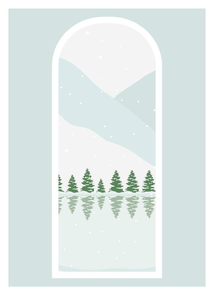 invierno paisaje con Nevado bosque y lago vista. montañas panorama, minimalista pared decoración vector