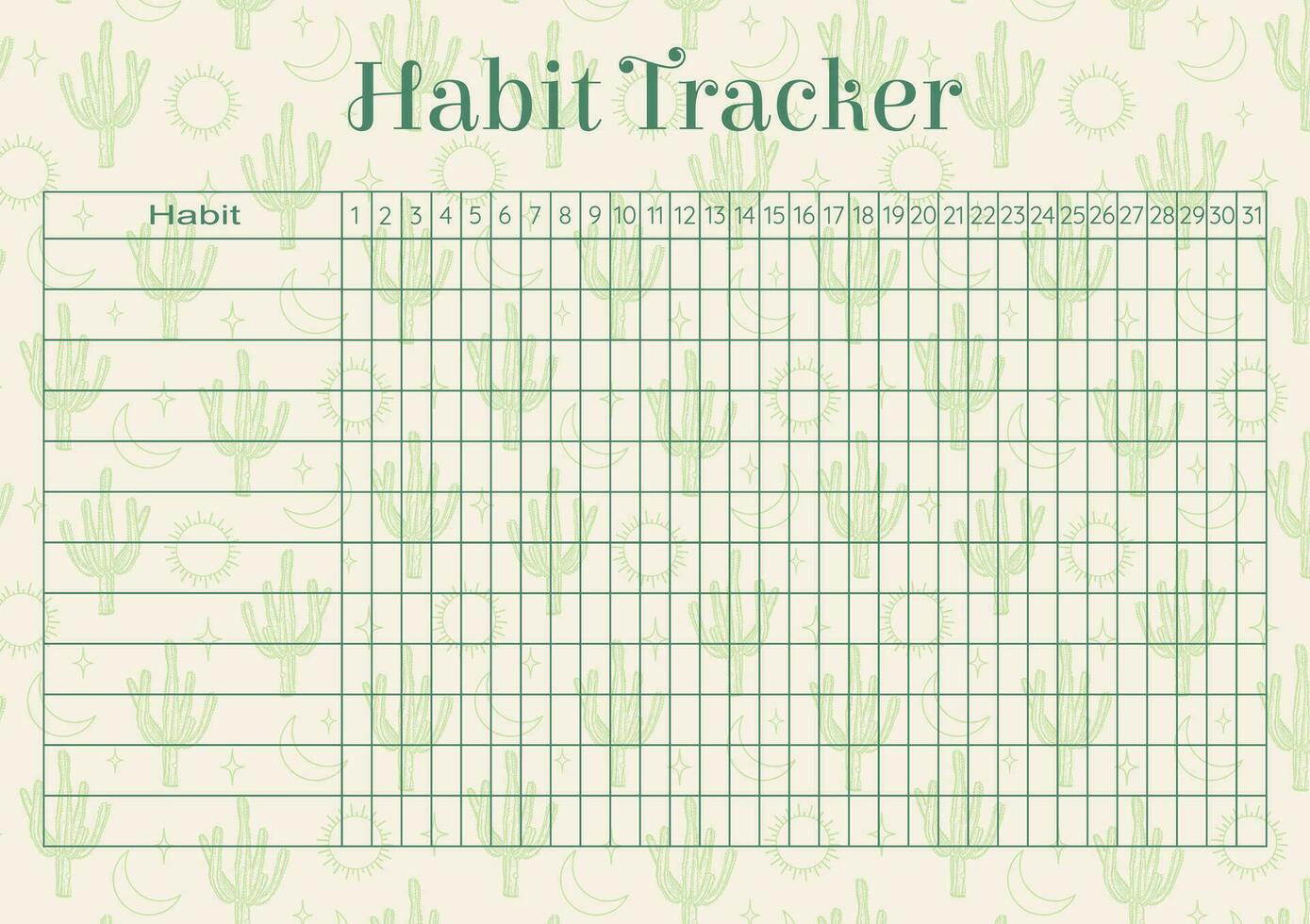 Habit tracker childish design with cacti picture. Blank printable goal setting sheet. vector