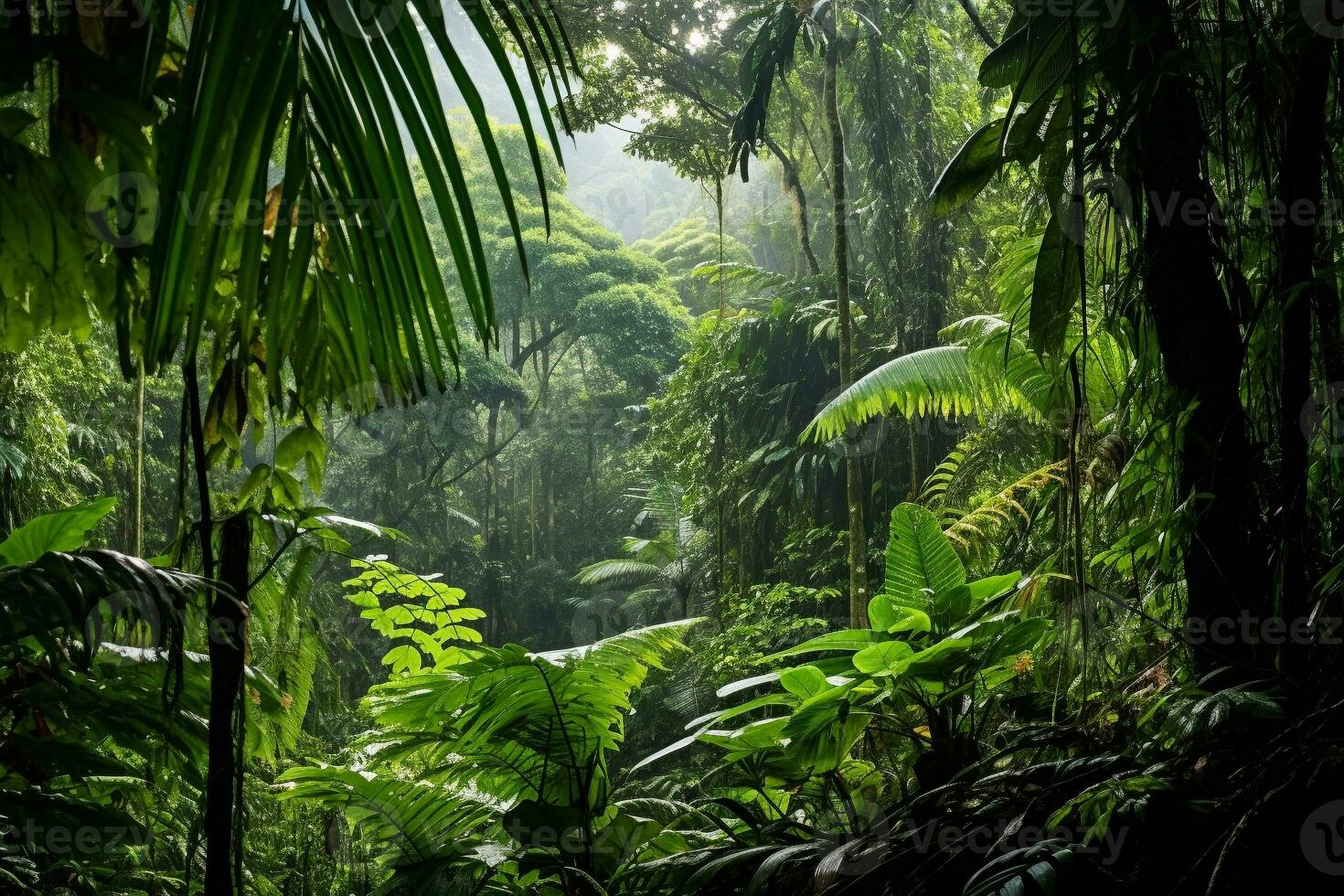 Lush tropical green forest with diverse flora. Tall majestic trees and small bushes and ferns. The sun's rays break through the dense crown of trees. Ai generative photo