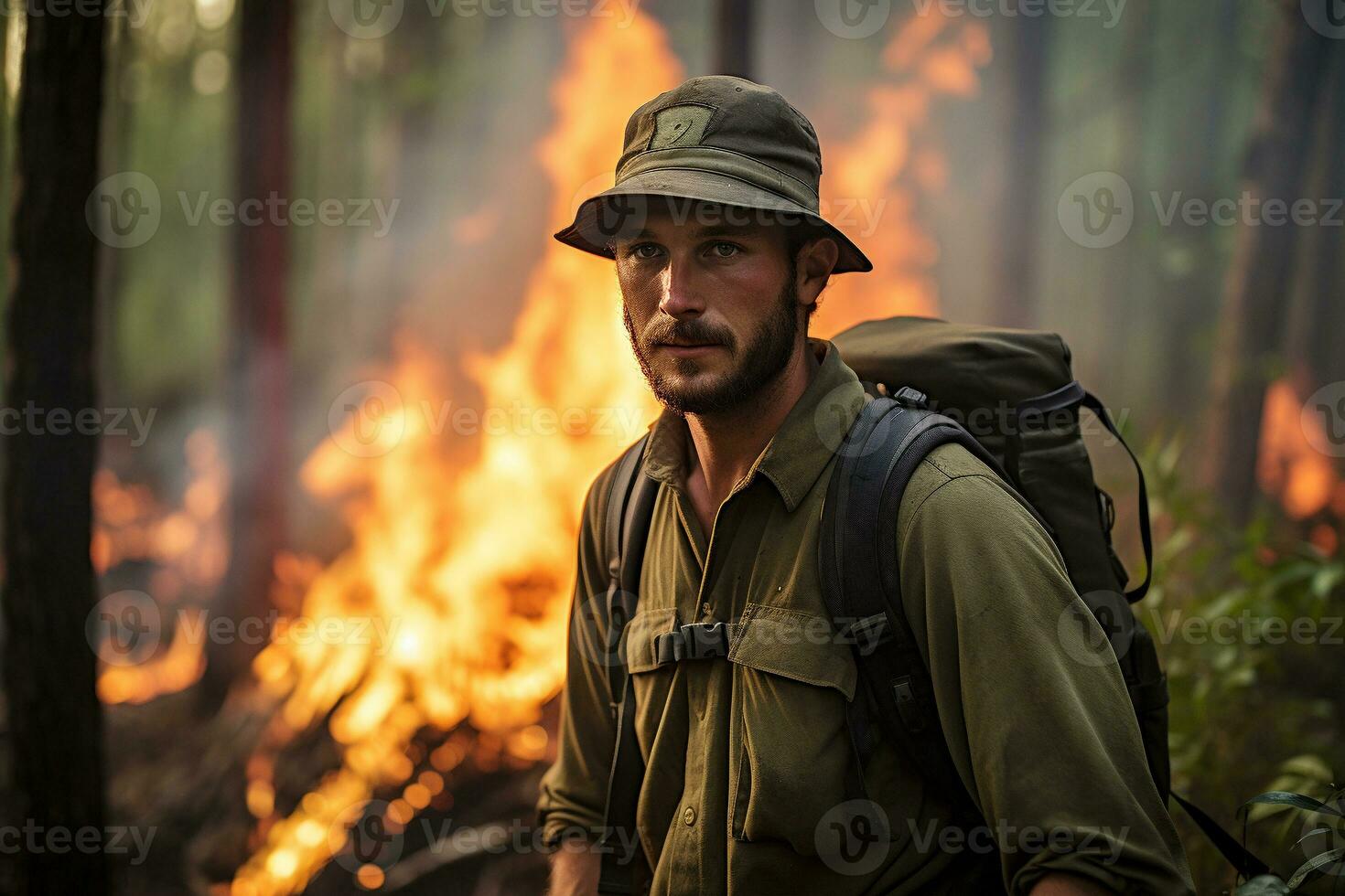 A forest ranger maintaining a controlled burn for ecosystem health. Extinguishing a forest fire. Natural disaster. Ai generative photo