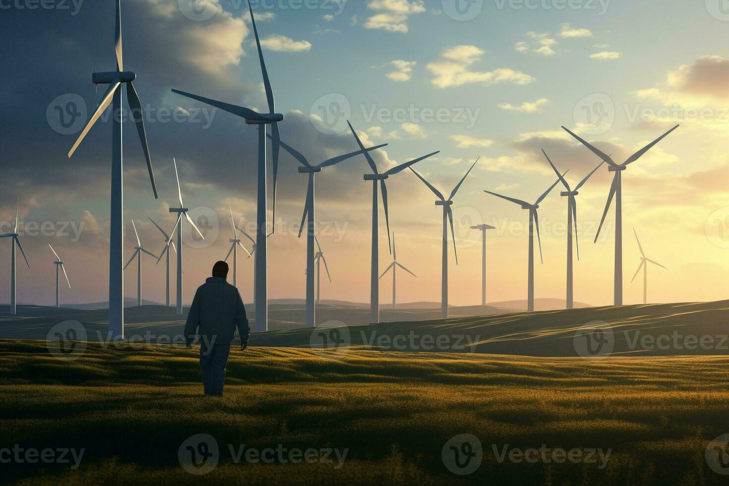 An engineer inspecting a wind turbine farm in the early morning light. Ai generative photo