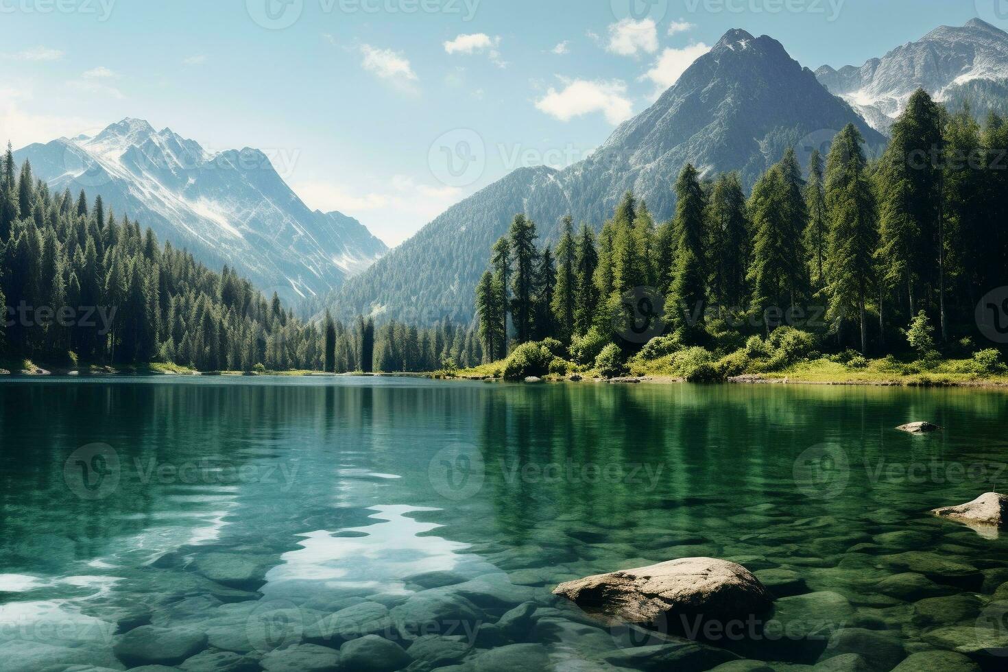 Clear mountain lake surrounded by a forest in a national park. Trees reflected in the bright turquoise water. Ai generative photo