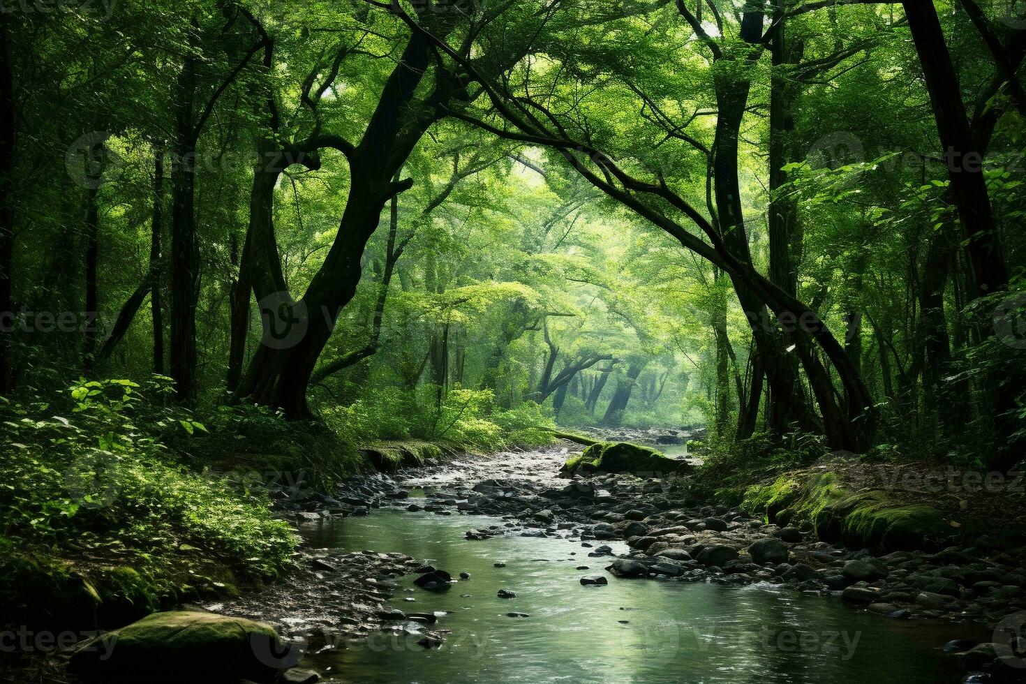 Lush green forest with diverse flora. Tall majestic trees and small bushes and ferns. The sun's rays break through the dense crown of trees. Ai generative photo