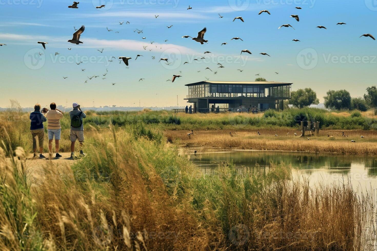 A nature reserve with birdwatchers observing rare migratory species of birds. Ai generative photo