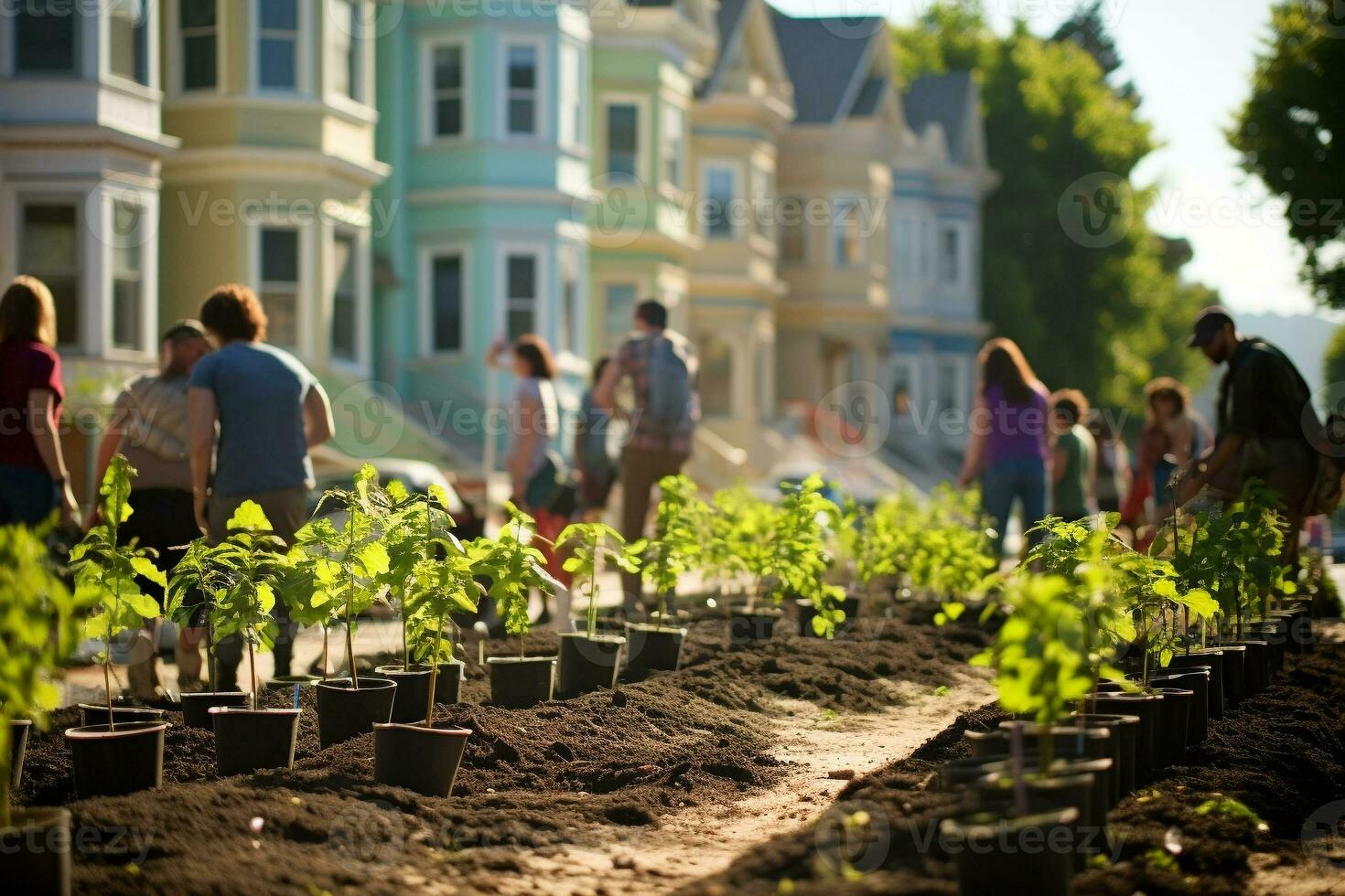 Group of volunteers plant tree seedlings. Urban neighborhood community celebrates Environment Day, Event Cleanup, Subbotnik. Ai generative photo