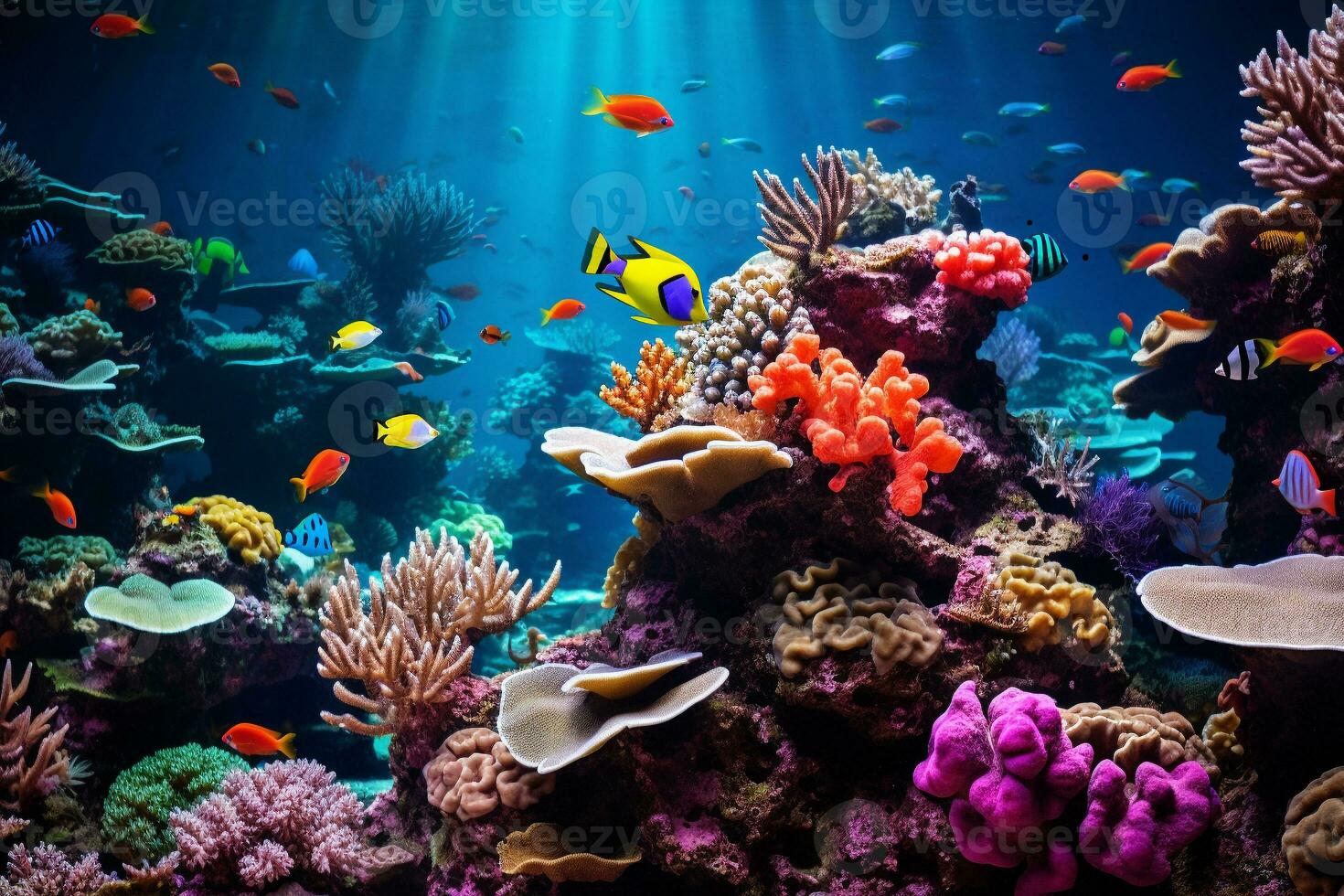 Underwater coral reef teeming with colorful marine life. Ai generative photo