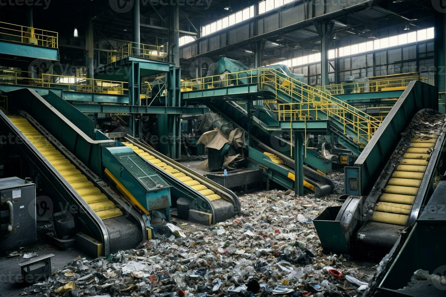 Waste sorting plant. Recycling and storage of waste for further disposal. Clean and organized waste separation facility in action. Ai generative photo