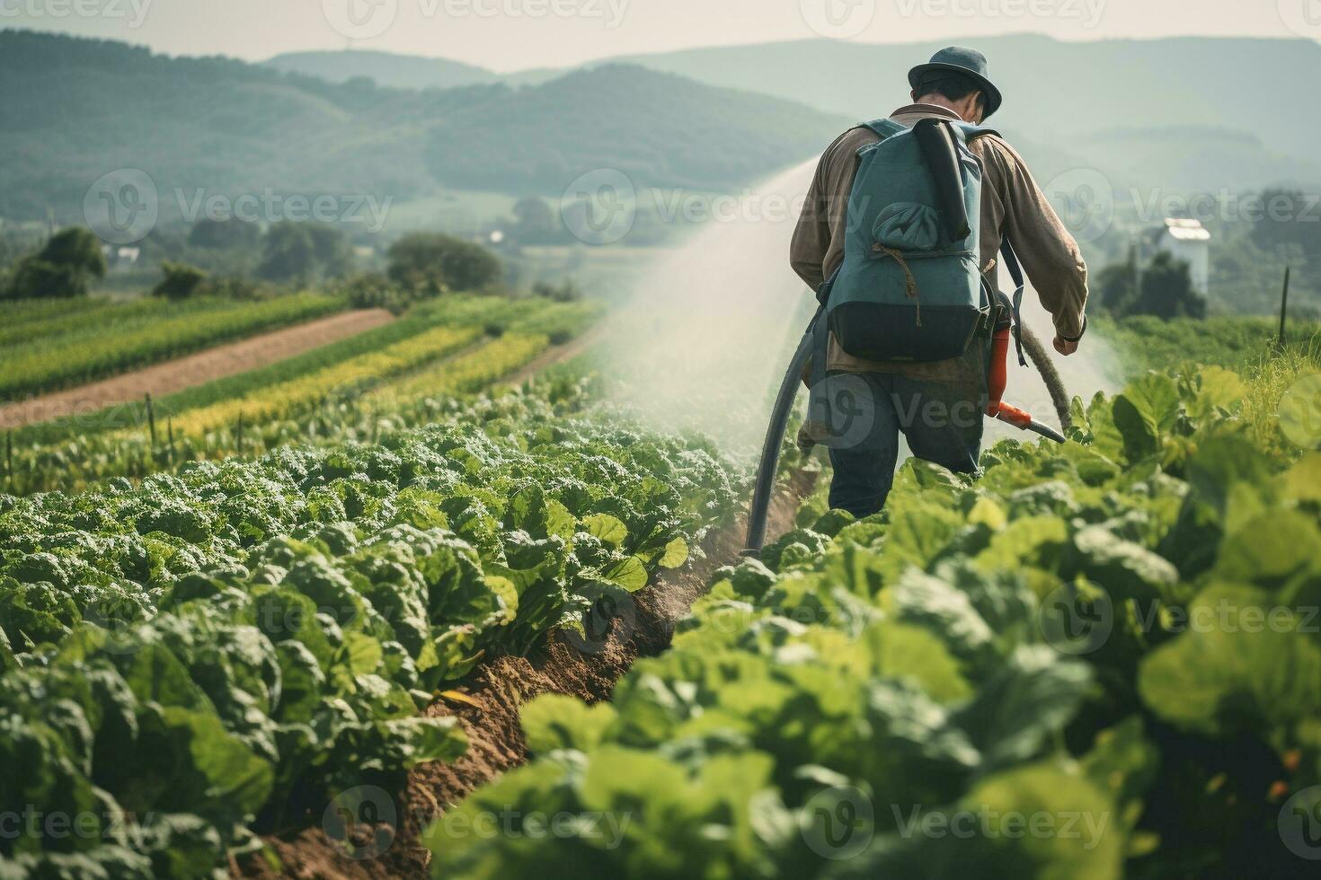 A farmer sprays a cabbage patch with a hose. Treatment of crops against pests. Ai generative photo