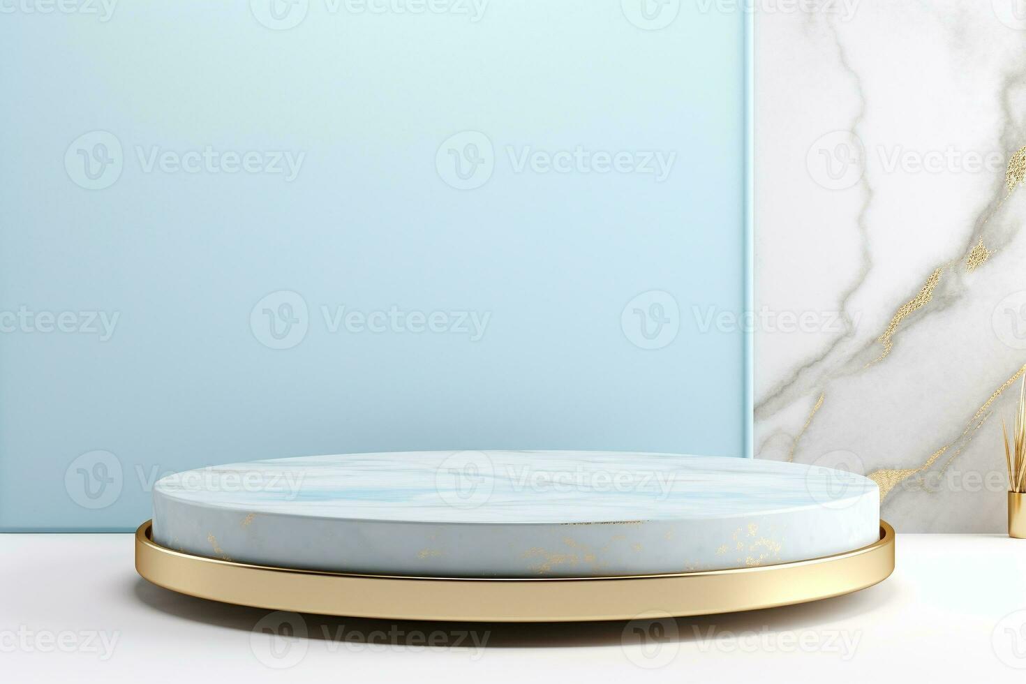 Abstract cylinder pedestal podium display. Blue marble with gold details. Product presentation, mock up, show natural cosmetic product. Ai generative photo