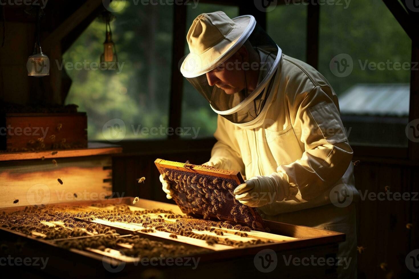 un apicultor toma cuidado de un colmena de abejas. un investigador supervisión un colmena salud y actividad. ai generativo foto