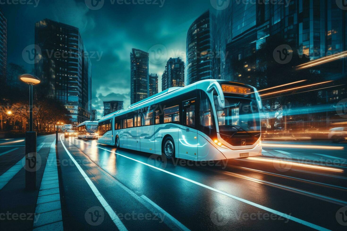 Electric buses move along a busy city street with zero emissions. A modern driverless bus on the street of a future green city. A futuristic city with electric public transport. Ai generative photo