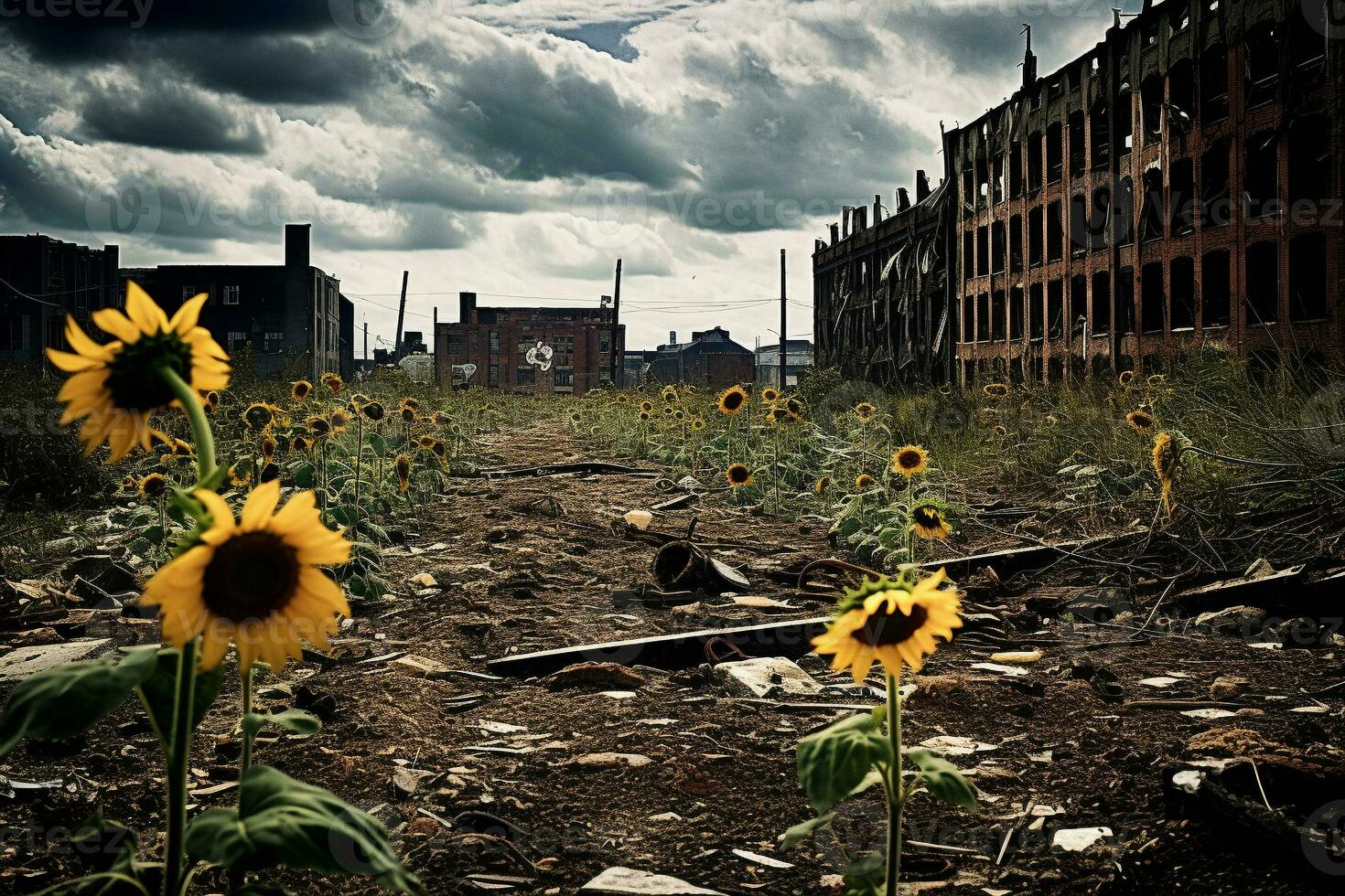 Sunflowers against the backdrop of an abandoned factory. A sunflower field thriving on a reclaimed industrial site. Ai generative photo