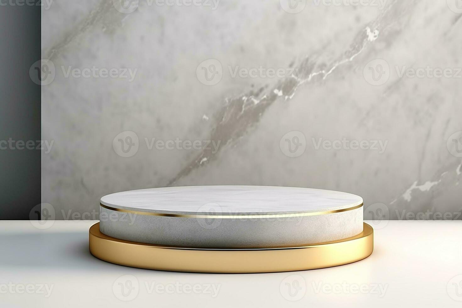 Abstract cylinder pedestal podium display. Gray marble with gold details. Product presentation, mock up, show natural cosmetic product. Ai generative photo
