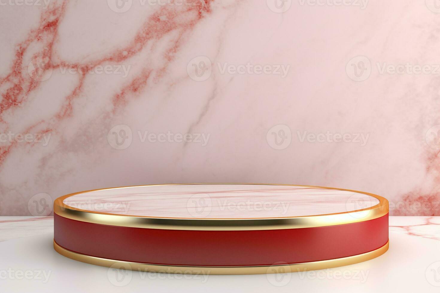 Abstract cylinder pedestal podium display. Red and pink marble with gold details. Product presentation, mock up, show natural cosmetic product photo
