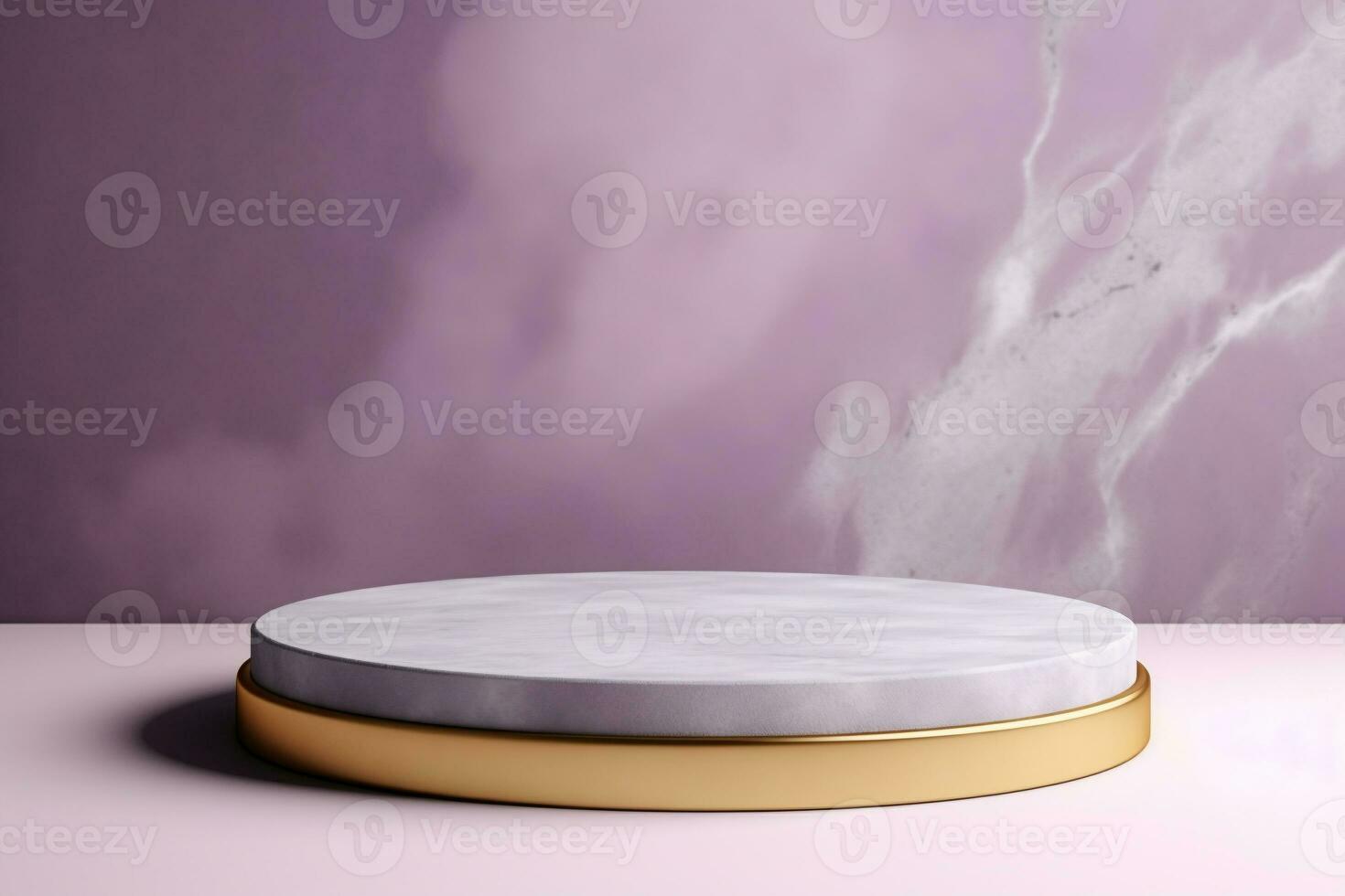 Abstract cylinder pedestal podium display. Violet marble with gold details. Product presentation, mock up, show natural cosmetic product. Ai generative photo
