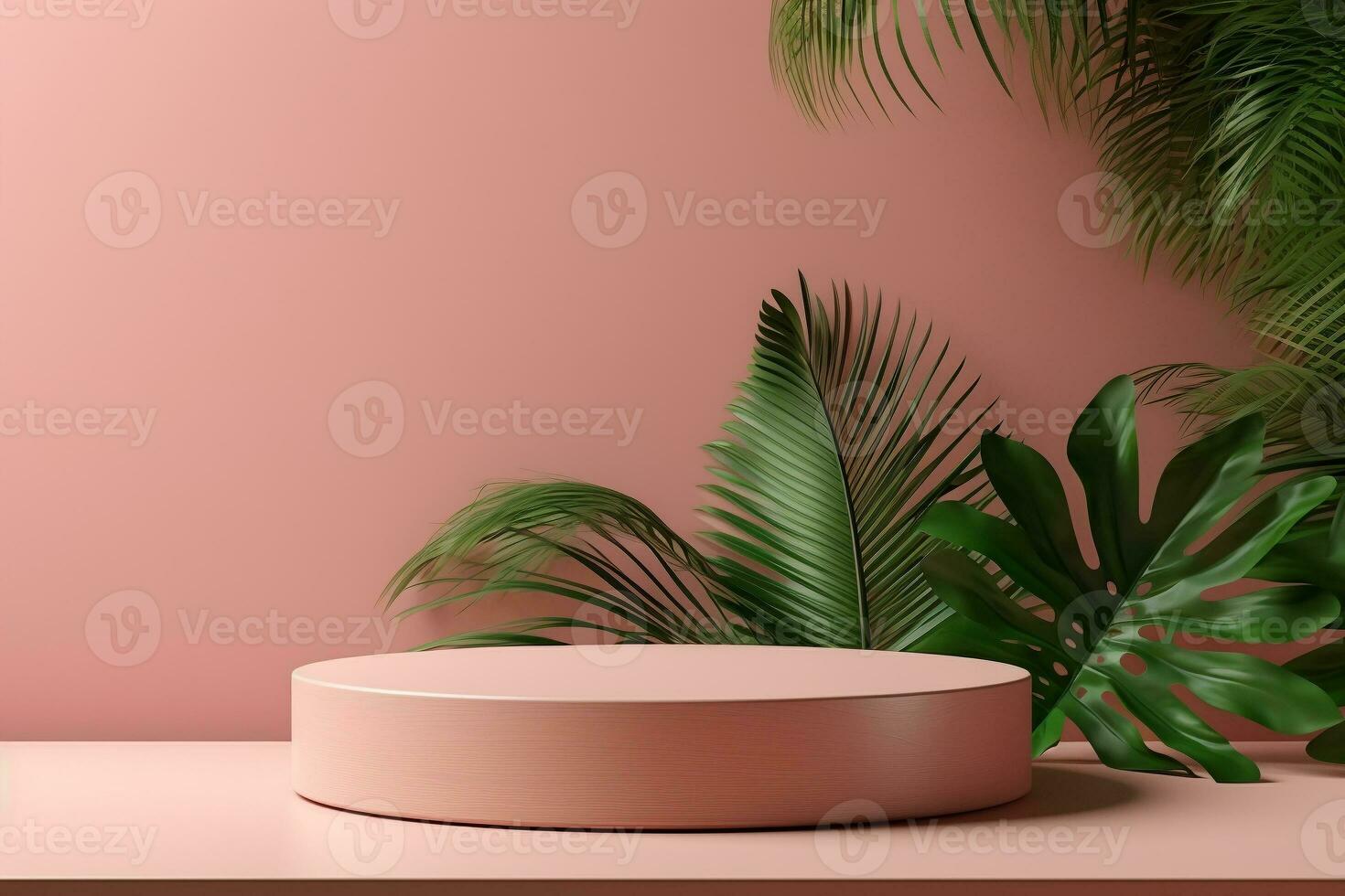 Abstract cylinder pedestal podium display against tropical pink background. Product presentation, mock up, show natural cosmetic product. Modern pastel scene for Award, Decor element. Ai generative photo