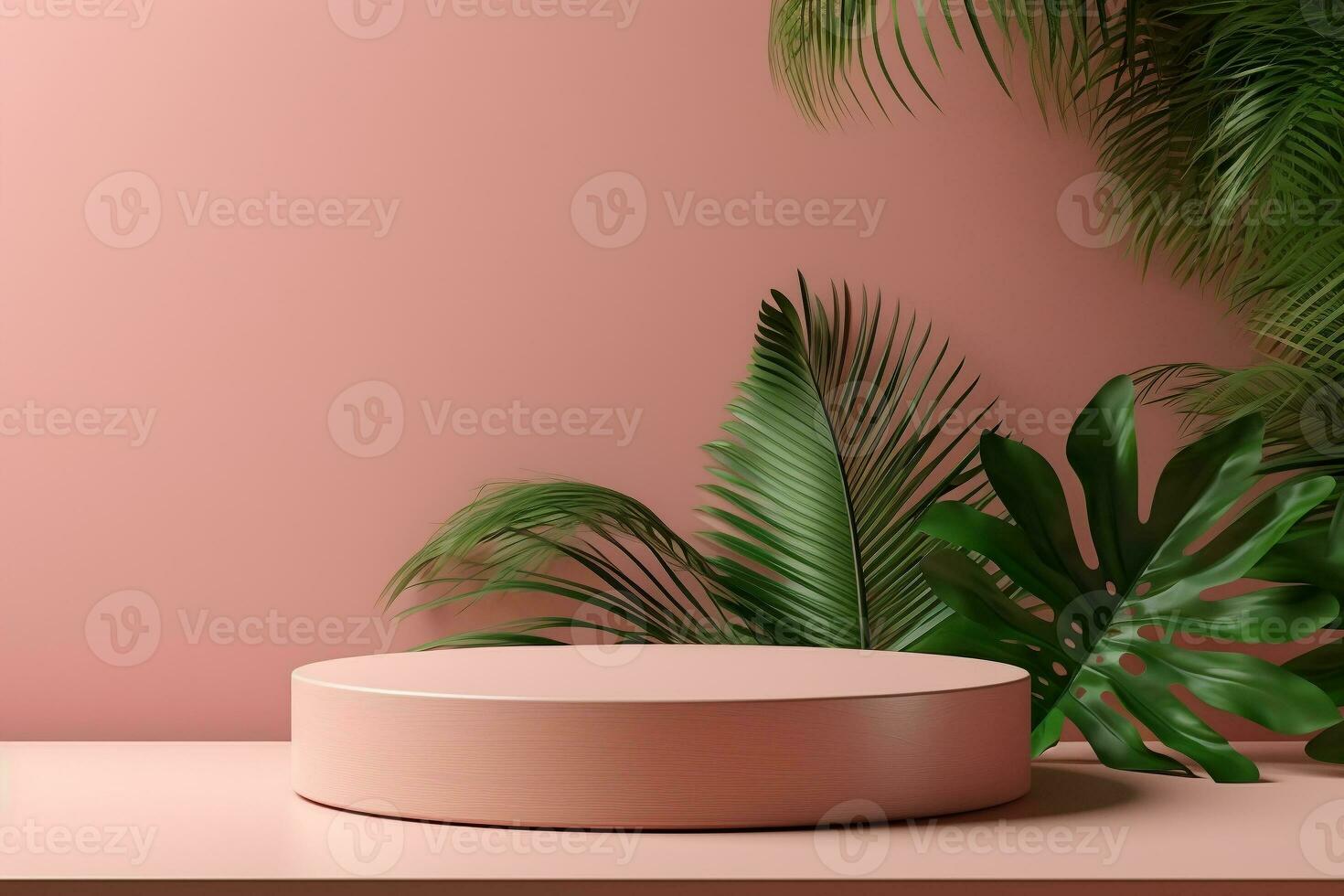 resumen cilindro pedestal podio monitor en contra tropical rosado antecedentes. producto presentación, burlarse de arriba, espectáculo natural cosmético producto. moderno pastel escena para otorgar, decoración elemento. ai generativo foto