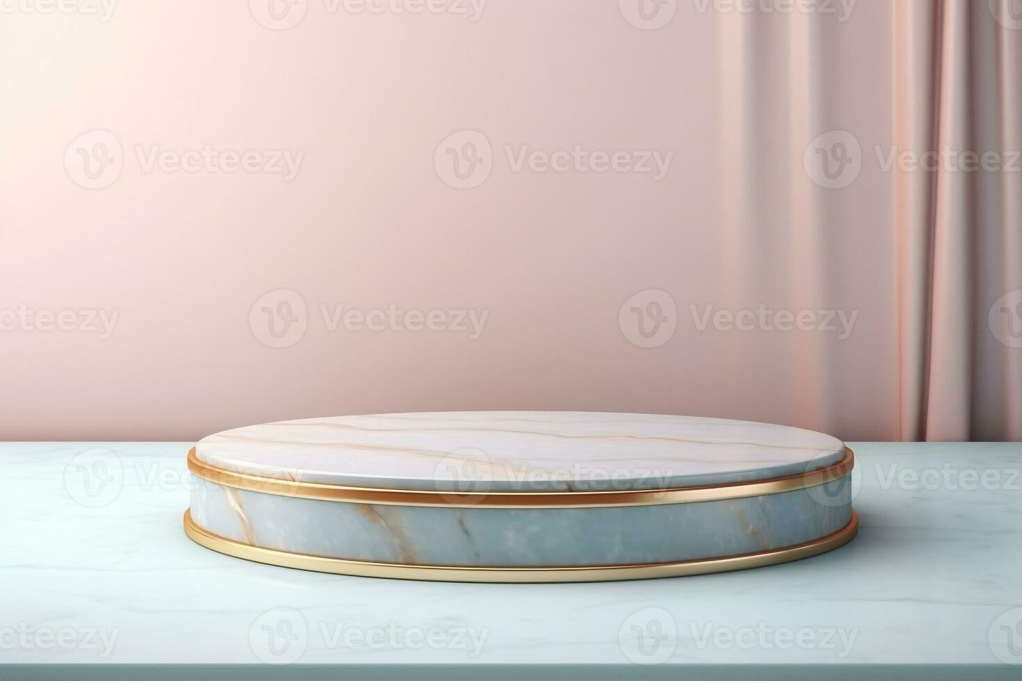 Abstract cylinder pedestal podium display. Pink and white marble with gold details. Product presentation, mock up, show natural cosmetic product. Ai generative photo